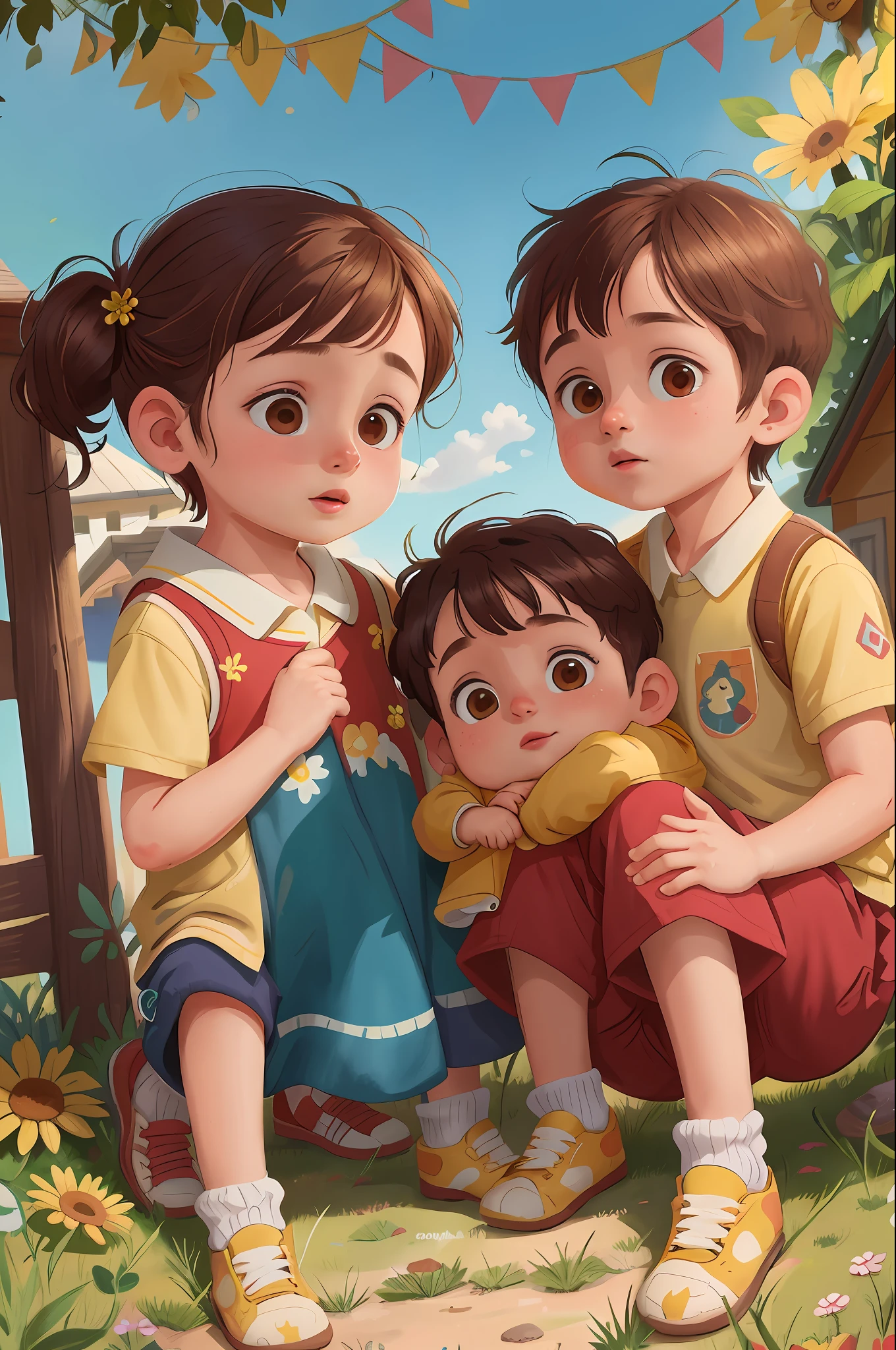 2boys 2girls siblings child backyard with dogs posing bright sunny day (Clutter-Home:0.8), (masterpiece:1.2) (photorealistic:1.2) (bokeh) (best quality) (detailed skin:1.3) (intricate details) (8k) (detailed eyes) (sharp focus)