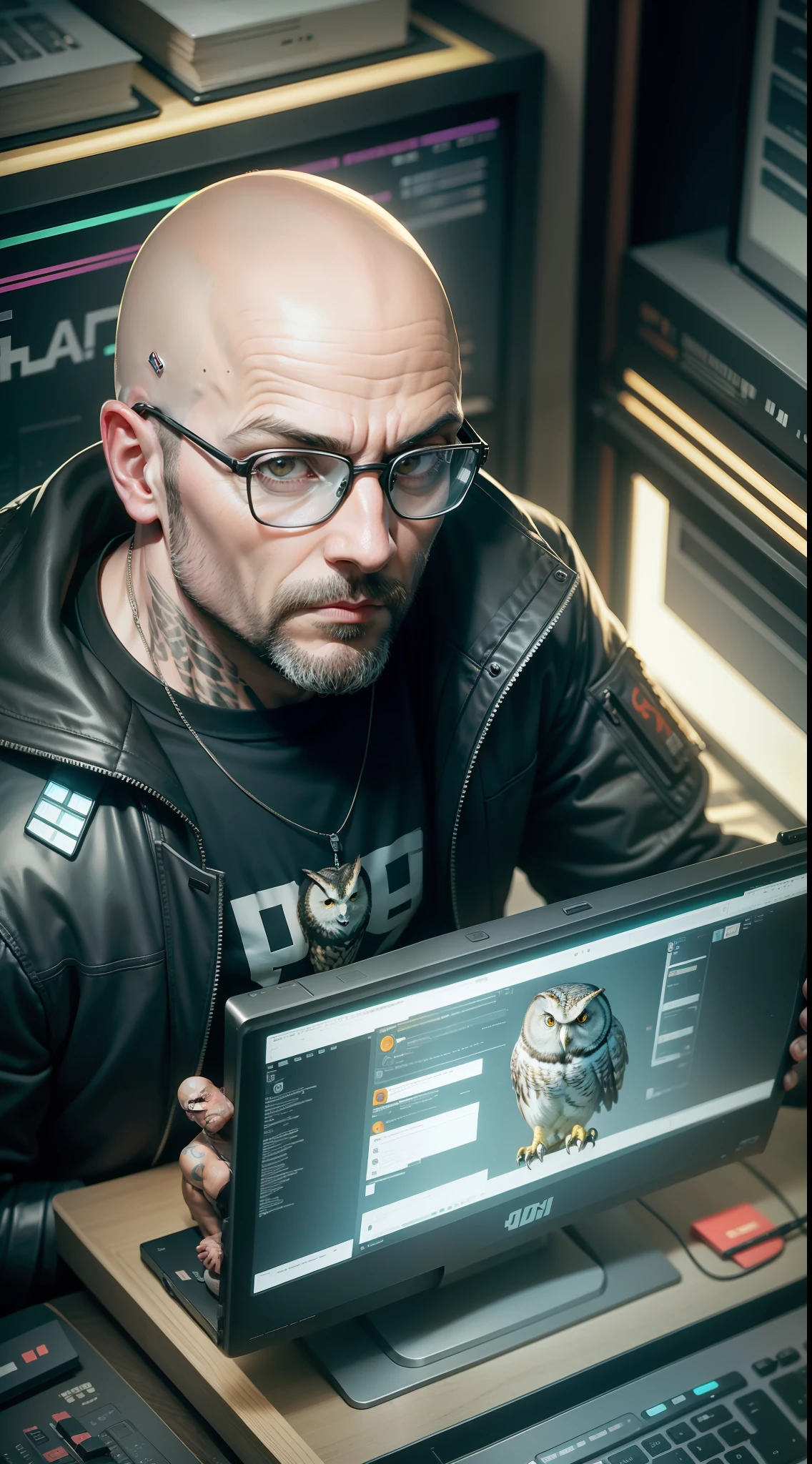 40 year old bald man sitting, computer behind, an owl on his shoulder, cyberpunk style, angle of image from above, dramatic light, high quality, 16k