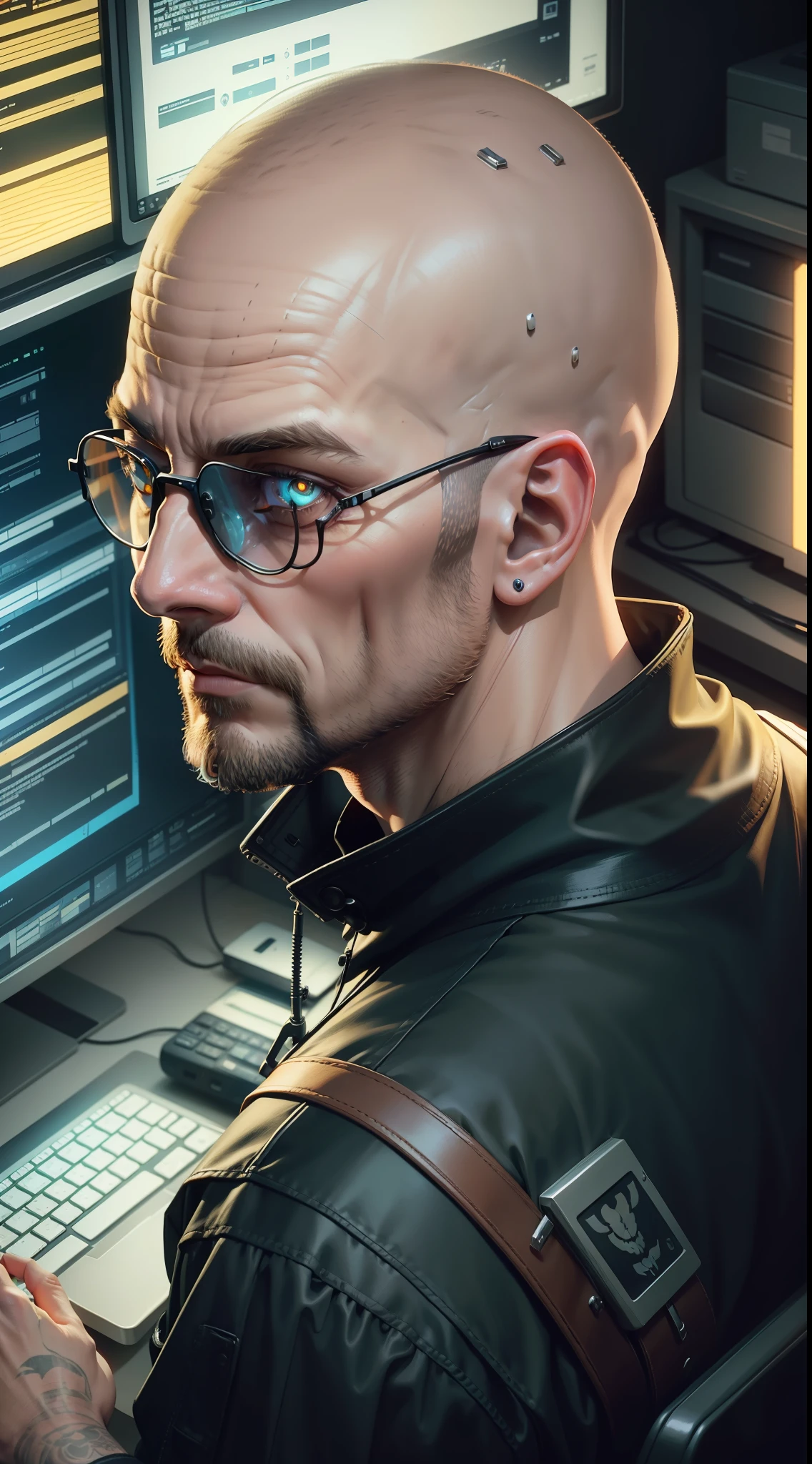 40 year old bald man sitting, computer behind, an owl on his shoulder, cyberpunk style, angle of image from above, dramatic light, high quality, 16k