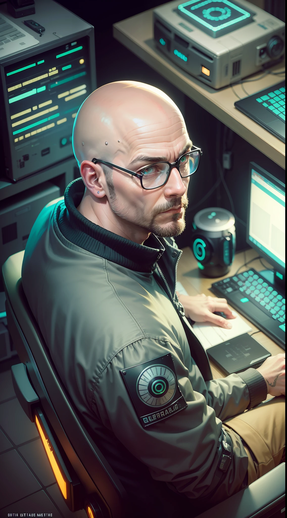 40 year old bald man sitting, computer behind, an owl on his shoulder, cyberpunk style, angle of image from above, dramatic light, high quality, 16k