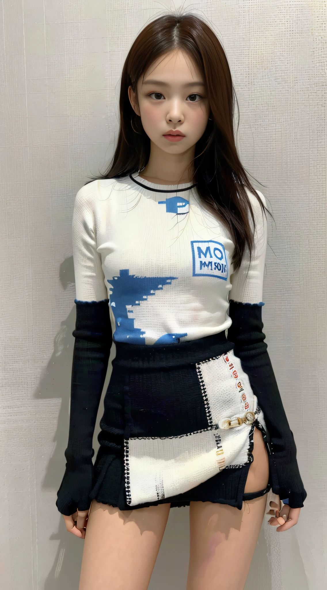 (1girl:1.3), Solo, __body-parts__, Kim Ji-ni Jennie Face, Korean style photo, feminine, knitted hip skirt, photography blockbuster style, high-end, ins style, blurred background, photography solid color background, 8k resolution image, intricate symmetry details. The whole picture goes forward, mainly a complete picture of a woman standing all over her body, smooth movements, world-weariness, and indifference.