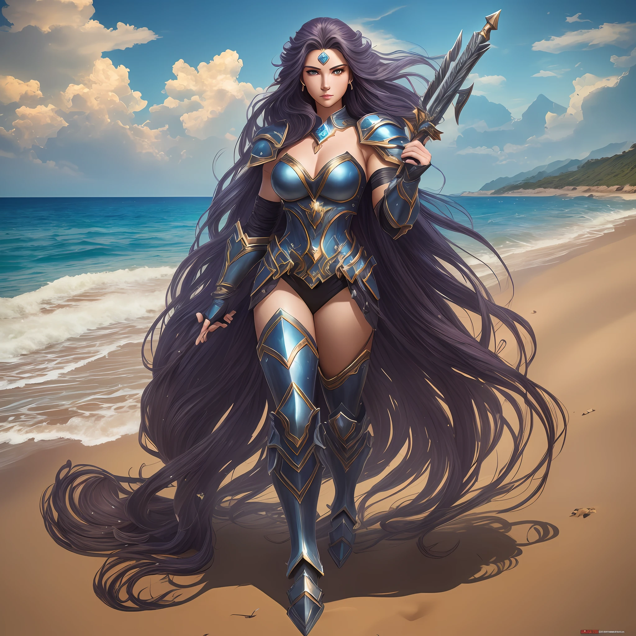 female character of extreme beauty (Best Quality, 8K, 32K, Masterpiece, Ultra HD: 1.3), full body, wearing armor built of the gemstone Hematite, long hair,(Large: 1.2), coming out of the sea towards the sand, carrying a weapon. --auto --s2