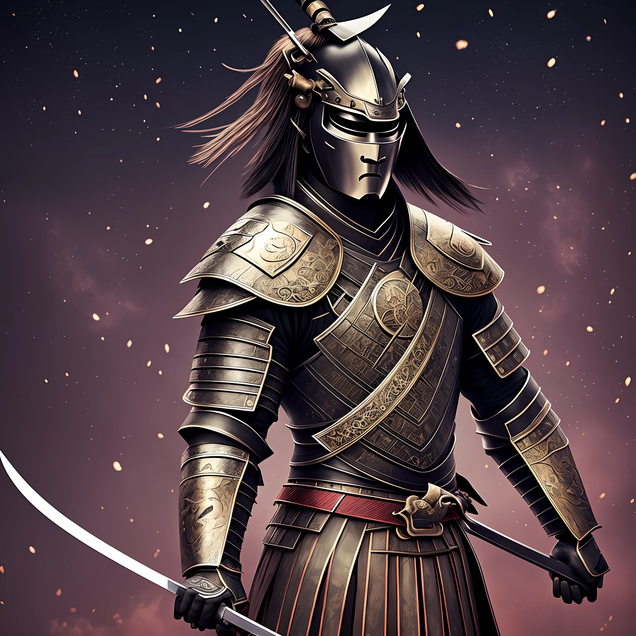 Samurai, , art, realism, Black, warrior, background moon, sword, armor, 4k, night --auto --s2