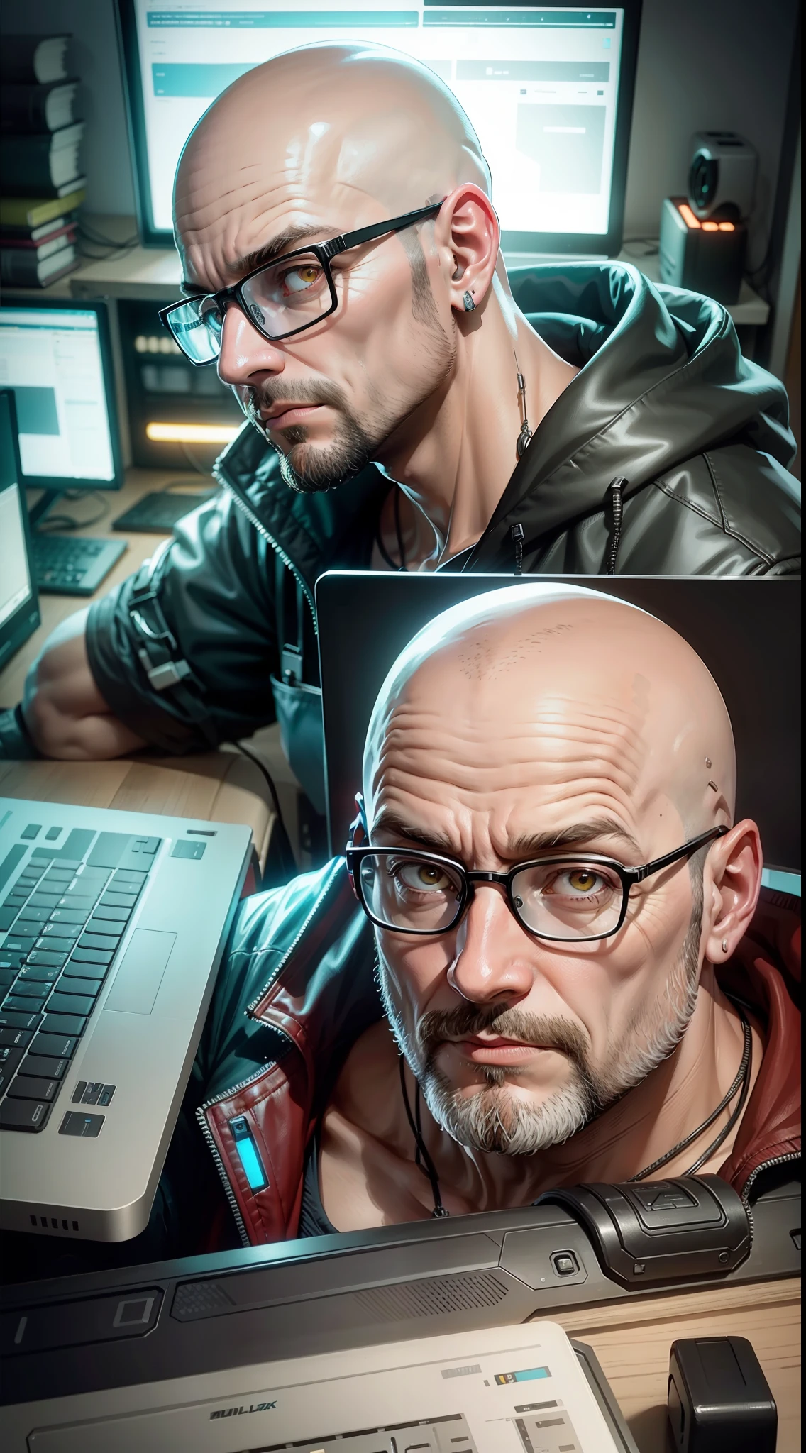 40 year old bald man sitting, computer behind, an owl on his shoulder, cyberpunk style, angle of image from above, dramatic light, high quality, 16k