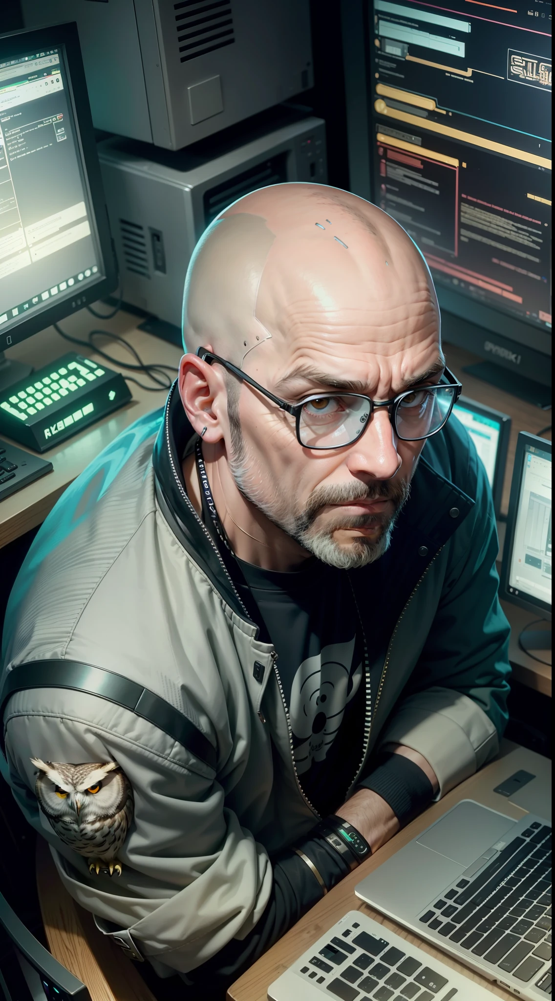 40 year old bald man sitting, computer behind, an owl on his shoulder, cyberpunk style, angle of image from above, dramatic light, high quality, 16k