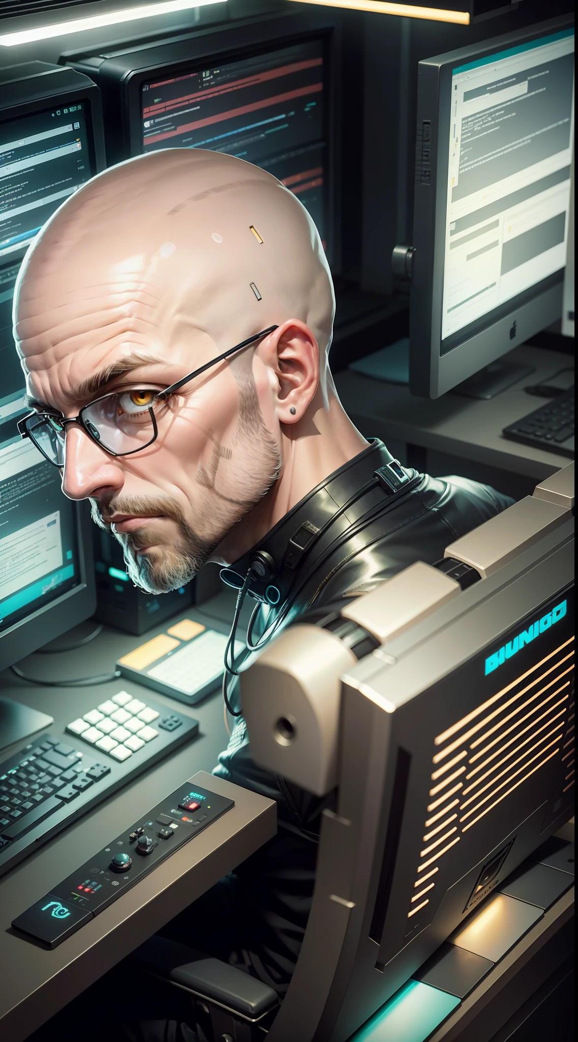 40 year old bald man sitting, computer behind, an owl on his shoulder, cyberpunk style, angle of image from above, dramatic light, high quality, 16k