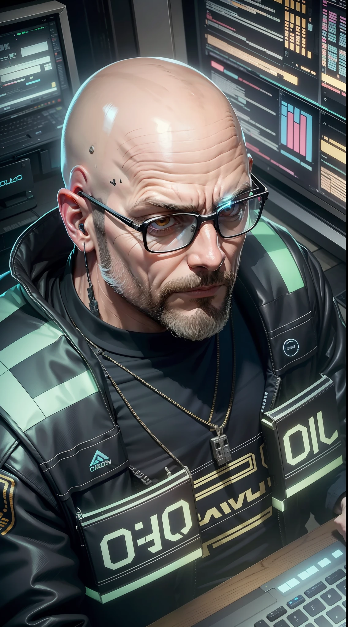 40 year old bald man sitting, computer behind, an owl on his shoulder, cyberpunk style, angle of image from above, dramatic light, high quality, 16k