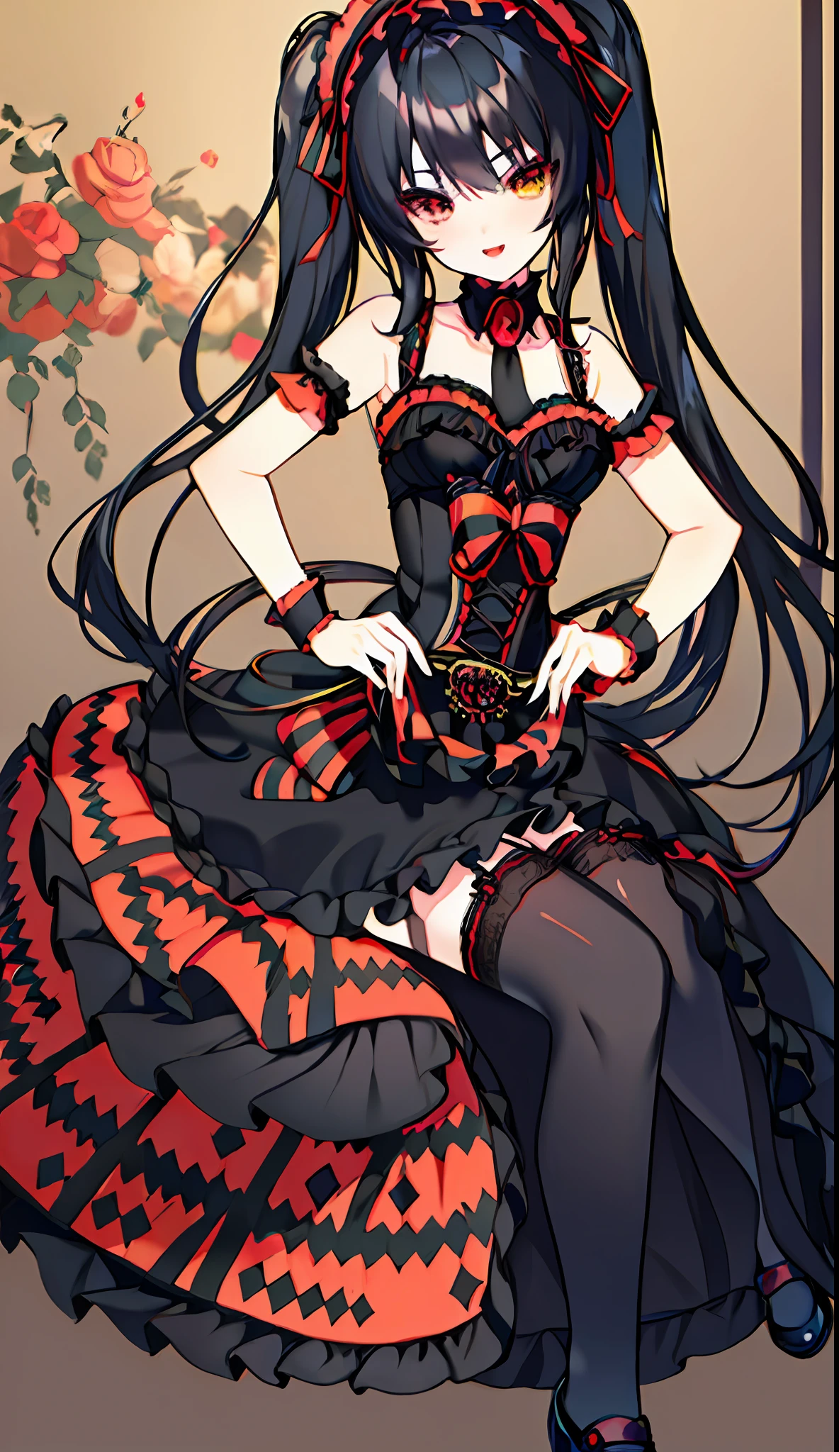 18 years old beautiful girl, ((((Masterpiece)))), ((Best quality)))), ((((Very detailed)))), 1 girl, Detailed fingers, Odd-eyed, Black hair twin-tailed, black garter stockings, black shoes, Kurumi Tokizaki,