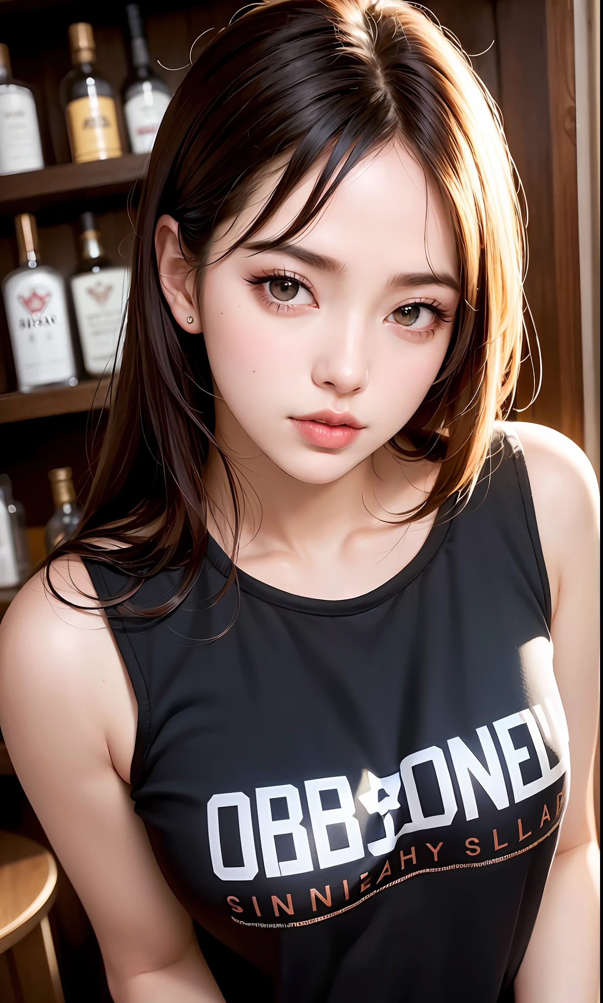 (8k, RAW, Photorealistic: 1.25), (Lip Gloss, Eyelashes, Glossy Face, Glossy Skin, Best Quality, Ultra High Resolution, Depth of Field, Chromatic Aberration, Caustics, Wide Lighting, Natural Shading, Kpop Idol) Off-shoulder wear, shaded, low-key, cold, cold light. Living room of mansion, whisky shelf with Scotch whisky, T-shirt