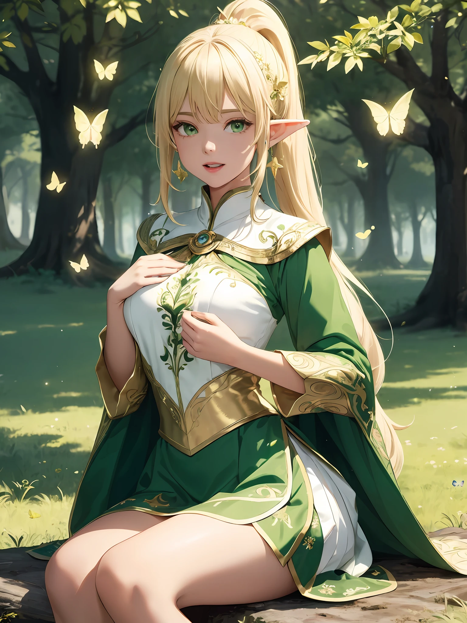 (((Masterpiece, Best Quality, High Definition, High Detail)))), ((((Fantasy)))), One, (Elf Woman))), (White Short Skirt with Gold Embroidery), (Blonde Long Straight Ponytail), (Glossy Dark Green Eyes), (Golden Embroidered Green Surcoat), (Golden Embroidered Green Cape), Big, (Sit on the Root of a Great Tree)), ((Hands on Chest)))) , ((singing happily)), tilting your head, (breeze), lots of glowing butterflies flying