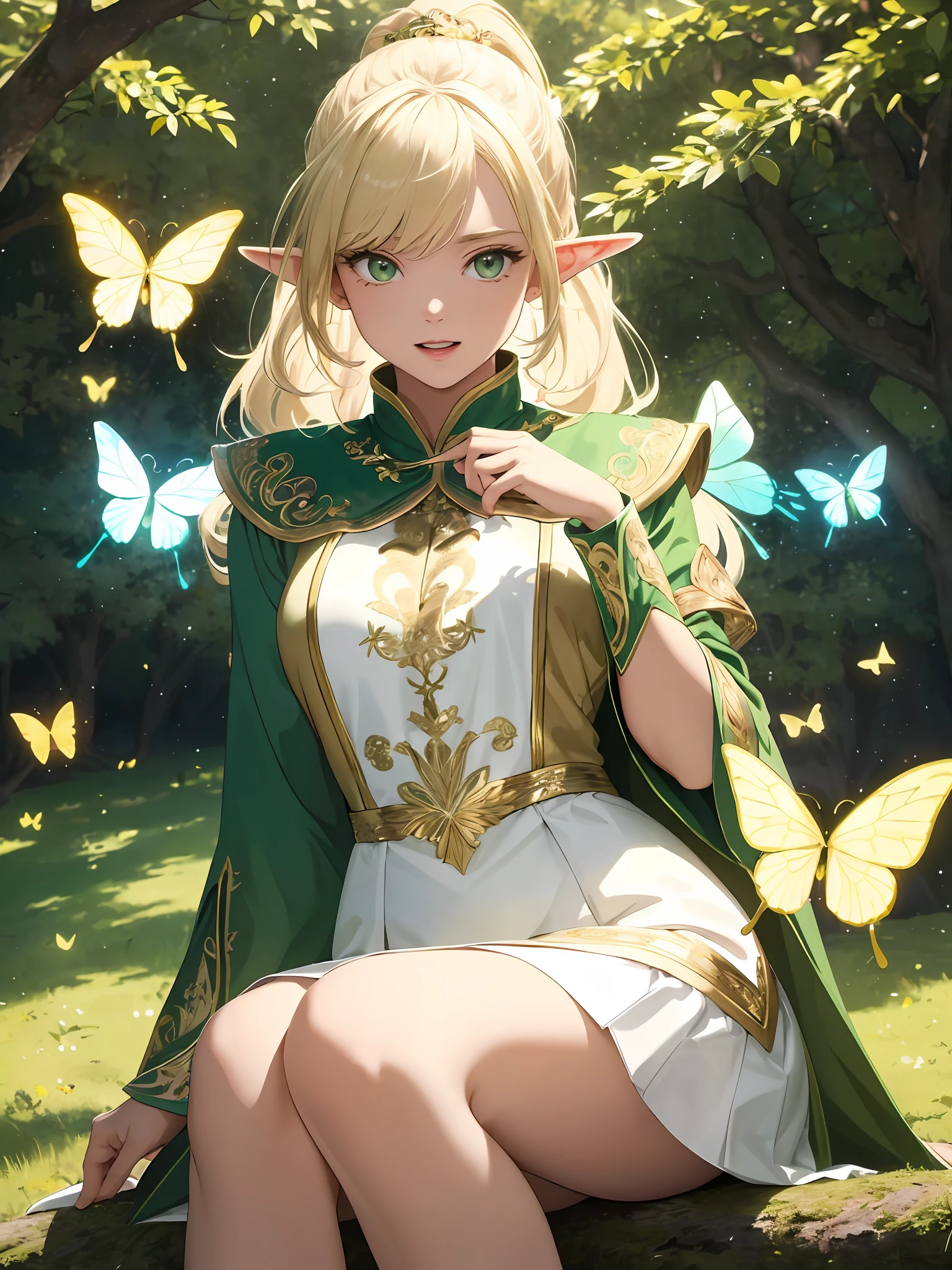 (((Masterpiece, Best Quality, High Definition, High Detail)))), ((((Fantasy)))), One, (Elf Woman))), (White Short Skirt with Gold Embroidery), (Blonde Long Straight Ponytail), (Glossy Dark Green Eyes), (Golden Embroidered Green Surcoat), (Golden Embroidered Green Cape), Big, (Sit on the Root of a Great Tree)), ((Hands on Chest)))) , ((singing happily)), tilting your head, (breeze), lots of glowing butterflies flying