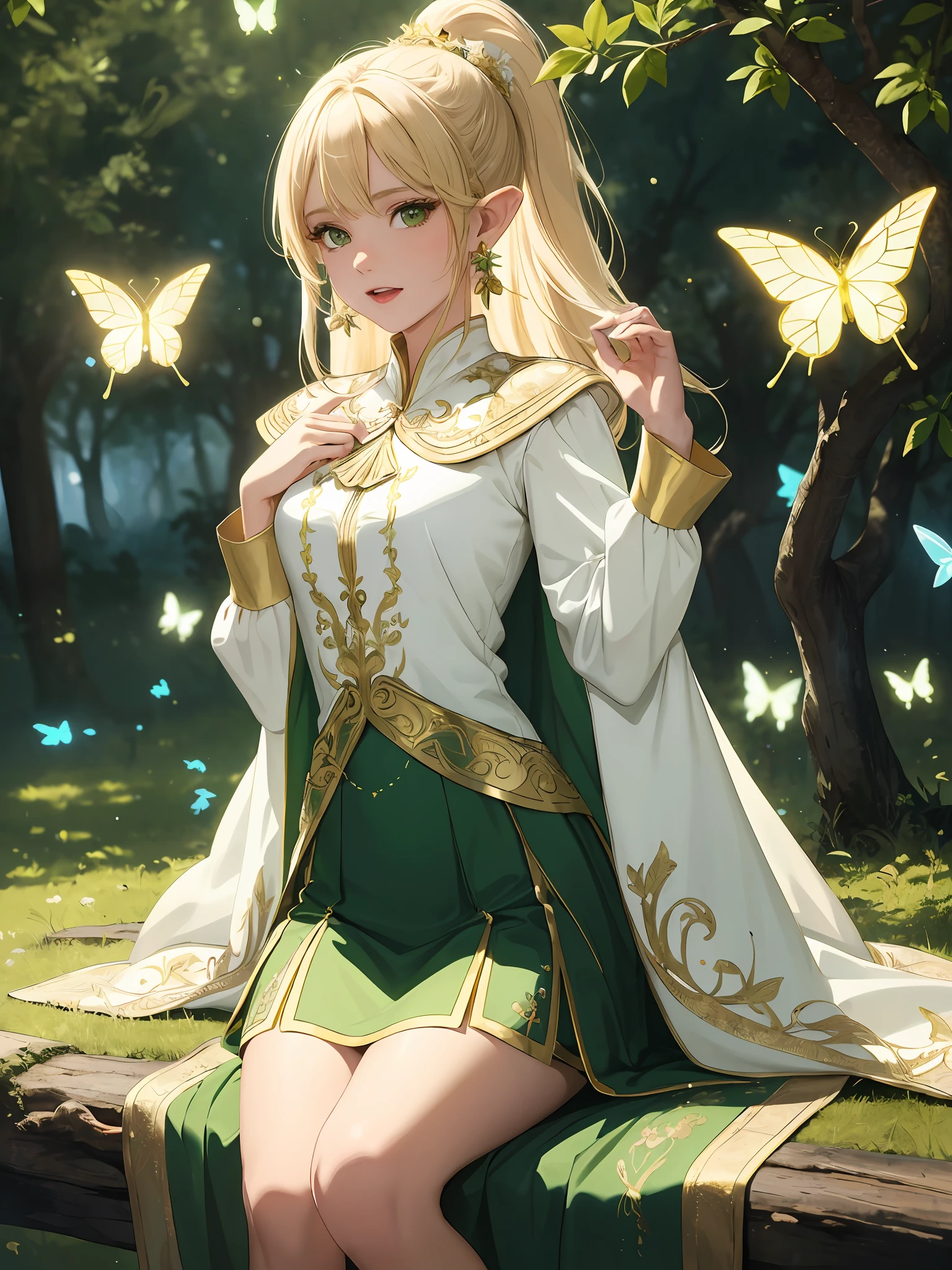(((Masterpiece, Best Quality, High Definition, High Detail)))), ((((Fantasy)))), One, (Elf Woman))), (White Short Skirt with Gold Embroidery), (Blonde Long Straight Ponytail), (Glossy Dark Green Eyes), (Golden Embroidered Green Surcoat), (Golden Embroidered Green Cape), Big, (Sit on the Root of a Great Tree)), ((Hands on Chest)))) , ((singing happily)), tilting your head, (breeze), lots of glowing butterflies flying