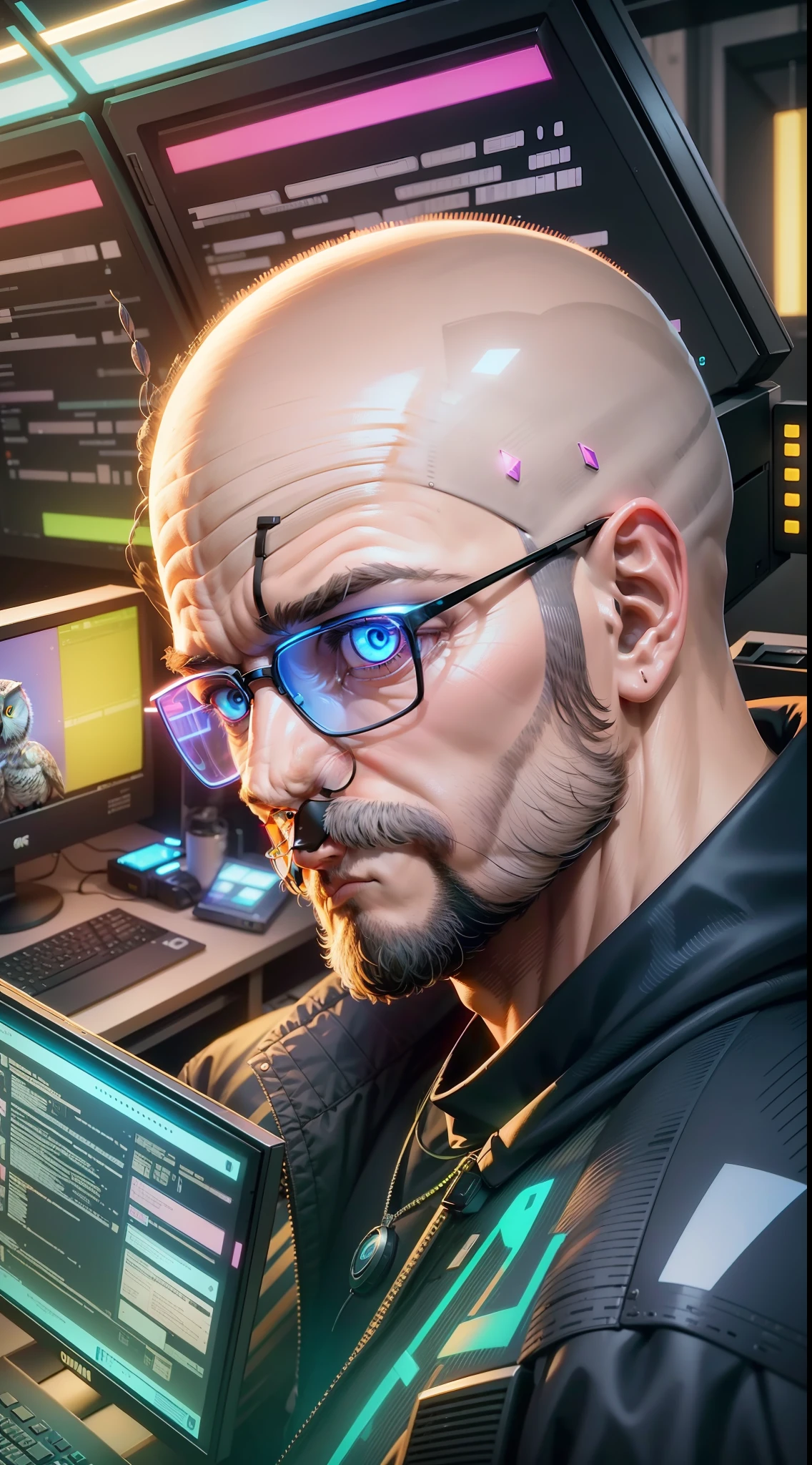 40 year old bald man sitting, computers around, (a huge owl bird on his shoulder), cyberpunk style, angle of image from above, dramatic light, blue neon light with pink, high quality, high definition, render RTX, 16k