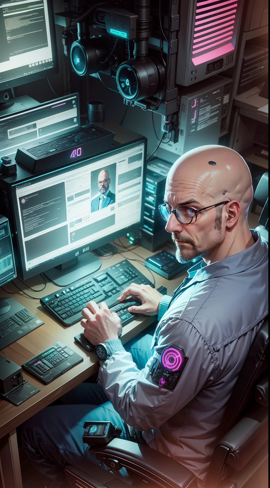 40 year old bald man sitting, computers around, (a huge owl bird on his shoulder), cyberpunk style, angle of image from above, dramatic light, blue neon light with pink, high quality, high definition, render RTX, 16k