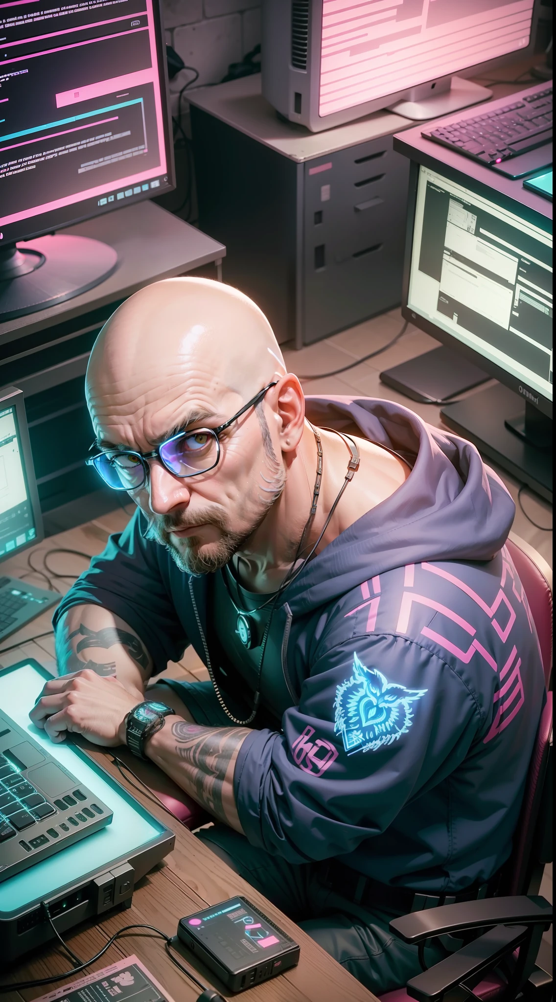 40 year old bald man sitting, computers around, (a huge owl bird on his shoulder), cyberpunk style, angle of image from above, dramatic light, blue neon light with pink, high quality, high definition, render RTX, 16k