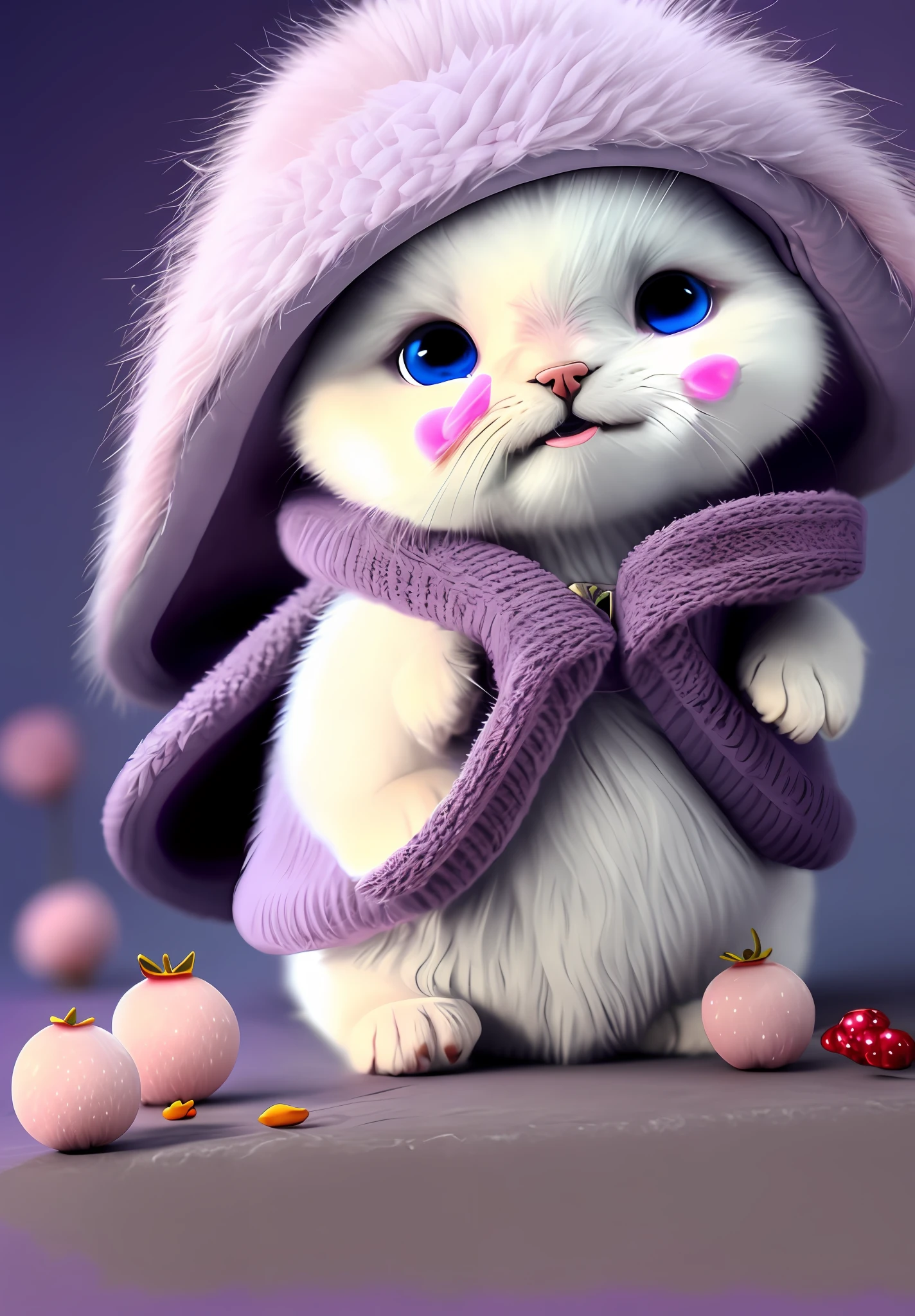 There is a white cat wearing a purple coat and a pink hat, adorable digital painting, cute digital art, cute 3D rendering, cute detailed digital art, cute cute dog, cute colorful adorable, cute! c4d, cute dog, cute dog photo, cute cartoon character, cute puppy, cute adorable, cute and adorable, kawaii dog