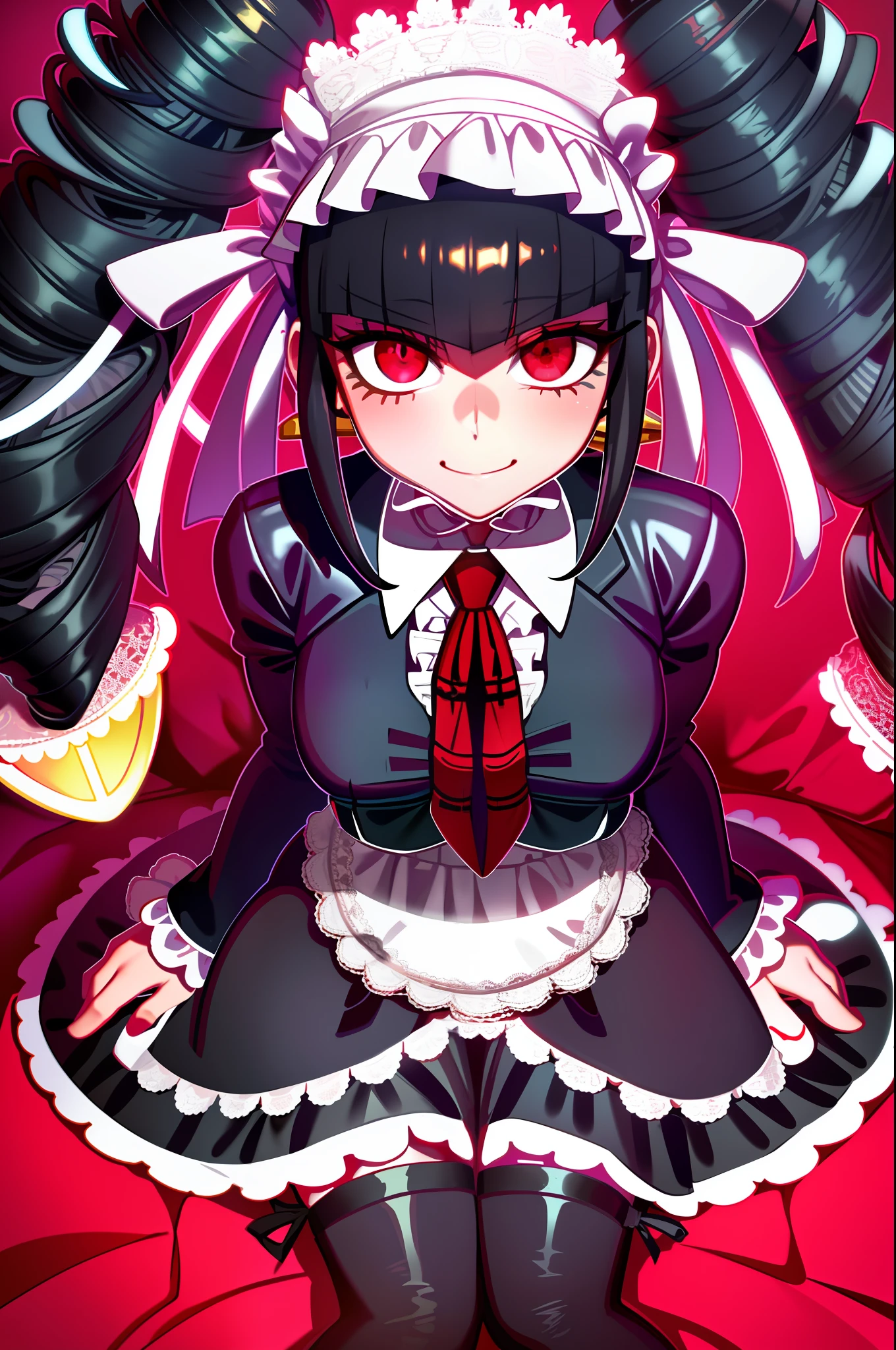 Celestia ludenberg, black hair, red eyes, young woman, half body view, cute face, wide hips, micro skirt, copyright danganronpa, 1girl, celestia ludenberg (character), smirking expression, black hair, red eyes, white silk headband, white lace-bonnet with one white ribbon for each side with a smaller ribbon tied at the bottom, and has black hair in two large twin-drill pigtails, gothic lolita-style outfit, white blouse with a Long-point collar, a black jacket that includes white ribbon lacing down the sleeves, fastened by a simple white ribbon across her chest to reveal her red tie, black knee-high stockings trimmed in ladder lace with a black ribbon on the opposite side of the other for each, dark red mary janes with a thick heel held on her feet by three grey buckles, a white lace headband, dark-hued tulle lace panties, full body portrait, bedroom, upper balcony, on bed, looking at viewer, turned around, bent over