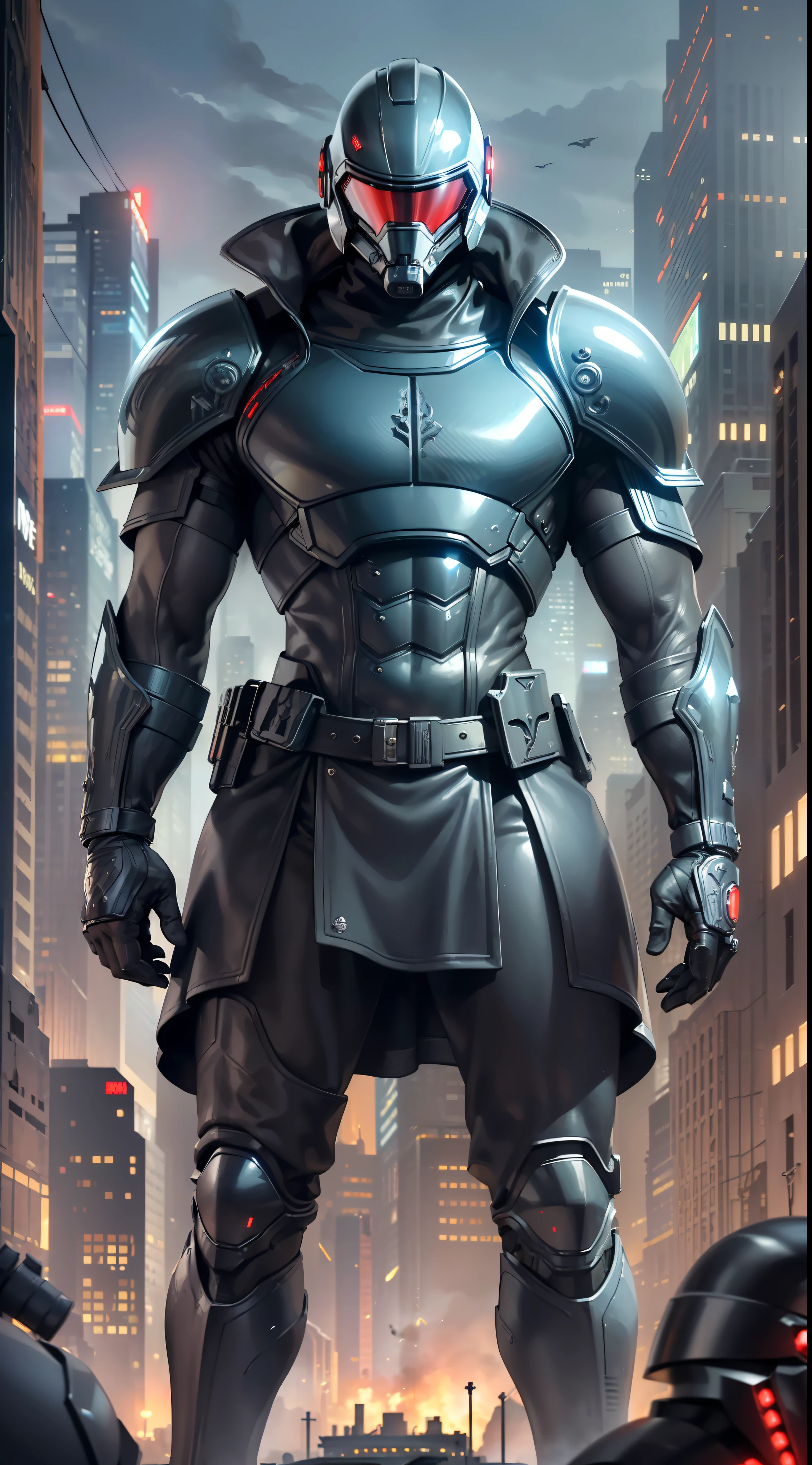 Extremely detailed, best quality, masterpiece, (tall adult), black hair with tail, stubble, Tom Hardy, gloves, standing, (modern blue armor), (motorized armor), (powerful armor), (plated armor), (red cloak), (in the army), (((sci-fi)), ((altered carbon)), (((soldiers))), (((ruined city)))), (((corpses))), (((helmet))