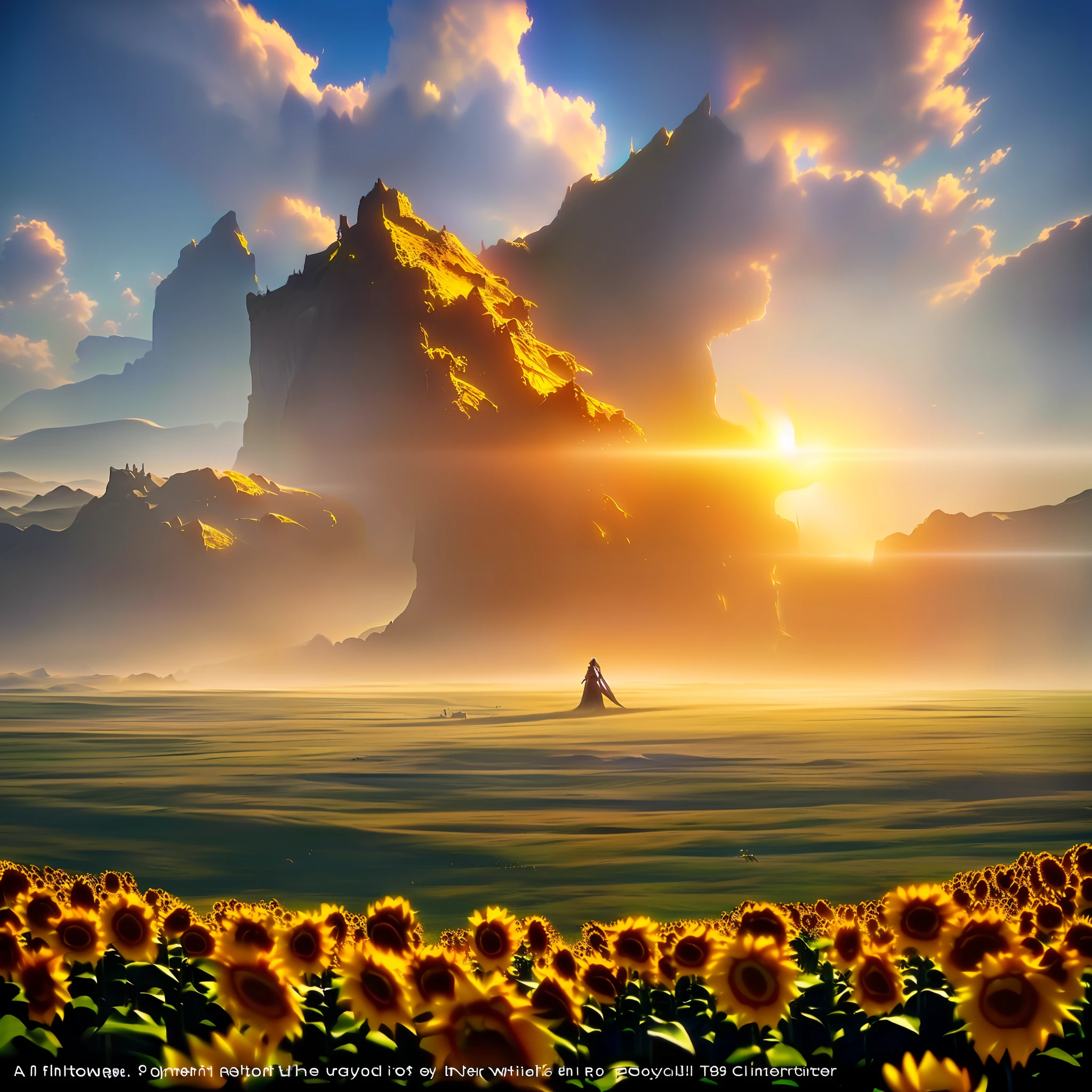 there are four pictures of a woman standing in a field of sunflowers, cinematic photograph concept art, cinematic cgsociety, fantasy style 8 k octane render, cgsociety inspired, fantasy matte painting，cute, cinematic shot epic portraits, stunning photo real concept art, 3 d render and matte painting, dawn cgsociety, elegant cinematic fantasy art, realistic fantasy render