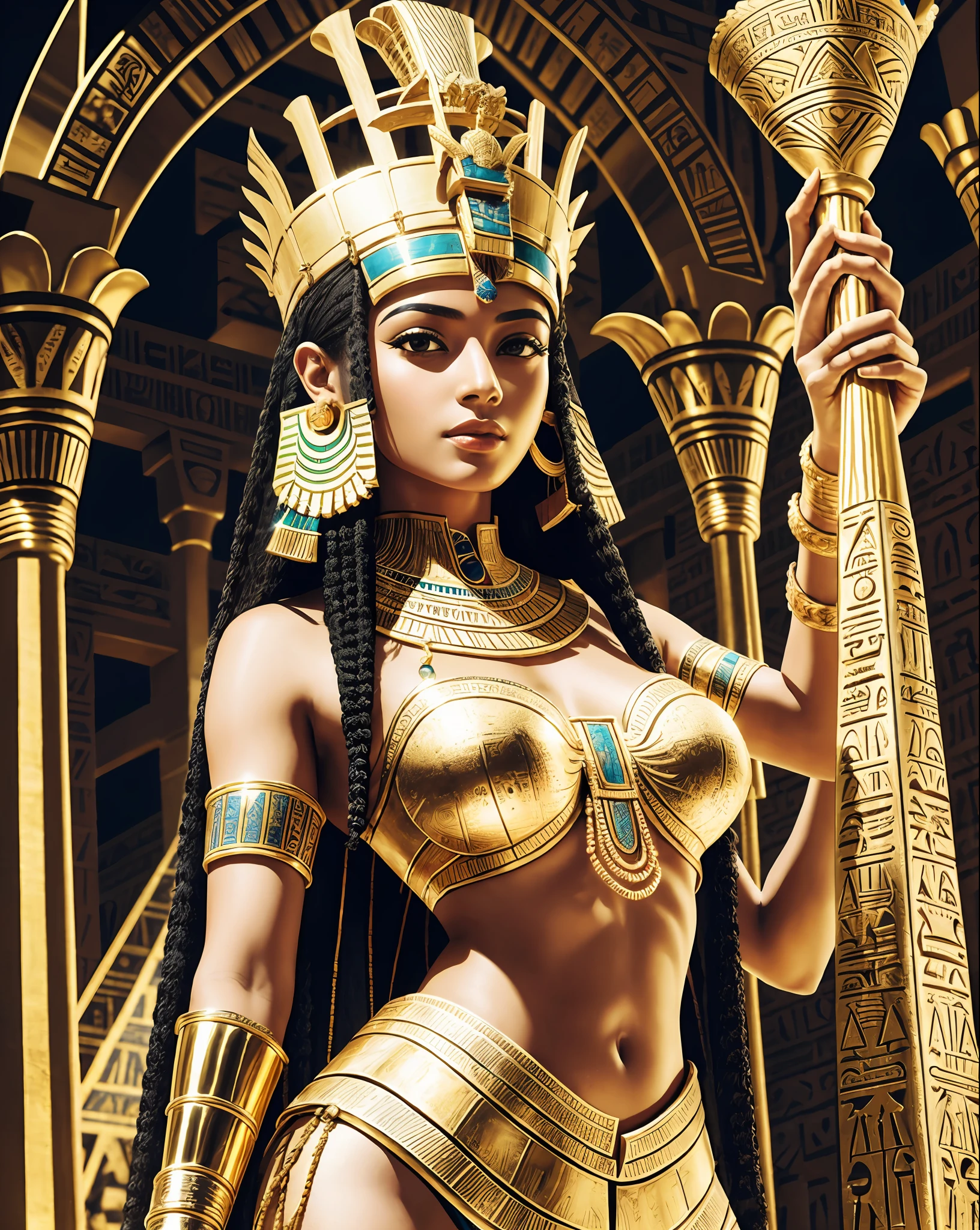 Egypt appears as an ancient pharaoh, adorned in regal attire, a golden crown, and a ceremonial staff. She embodies the mysteries of the pyramids, the Nile, and the rich history of the civilization.