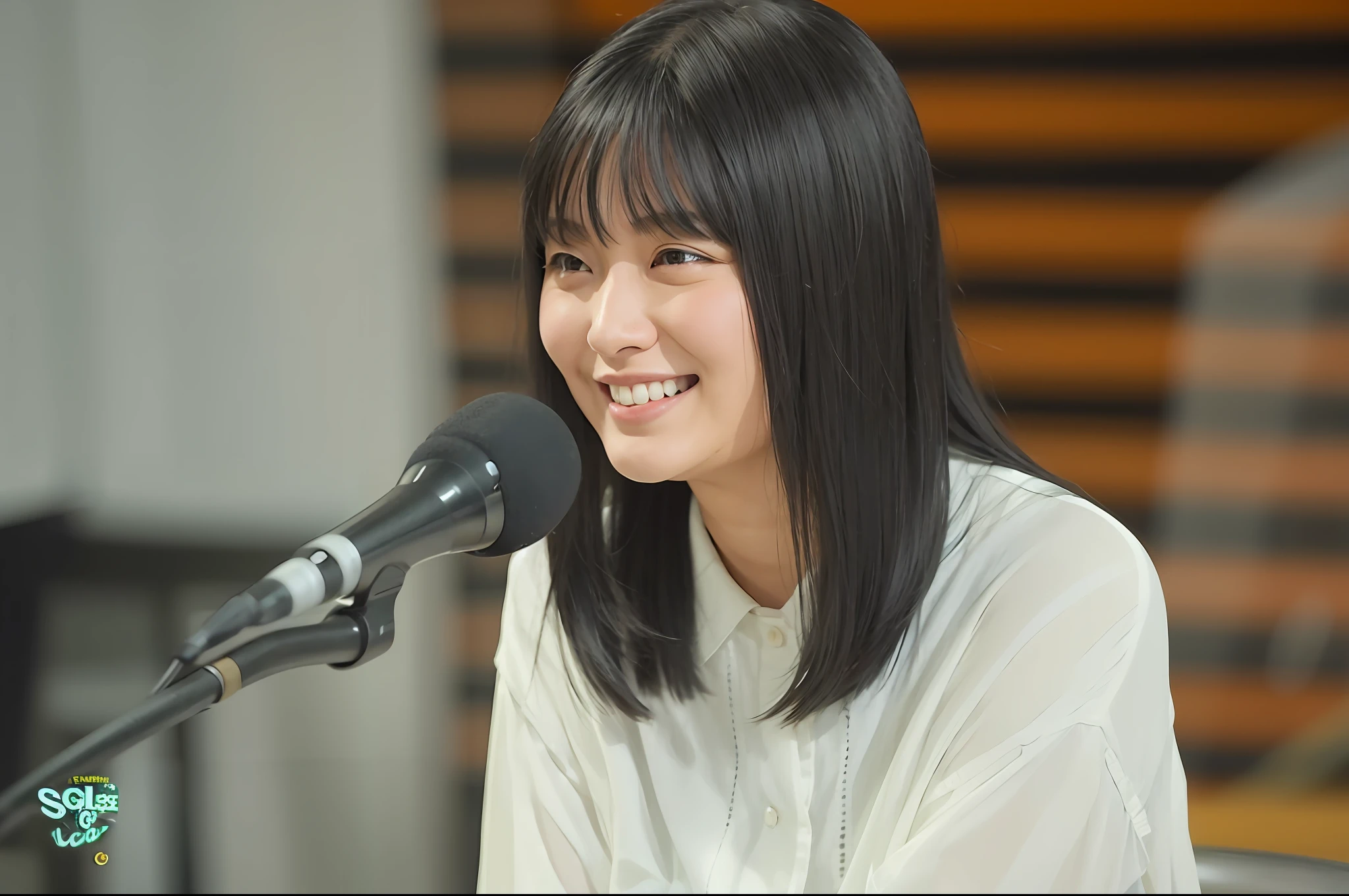 smiling woman sitting at a microphone with a smile on her face, yasumoto oka, sui ishida with black hair, chiho, kimi takemura, yukii morita, 奈良美智, nanae kawahara, aoi ogata, tsutomo nihie, ayami kojima amano, the hime cut --auto --s2