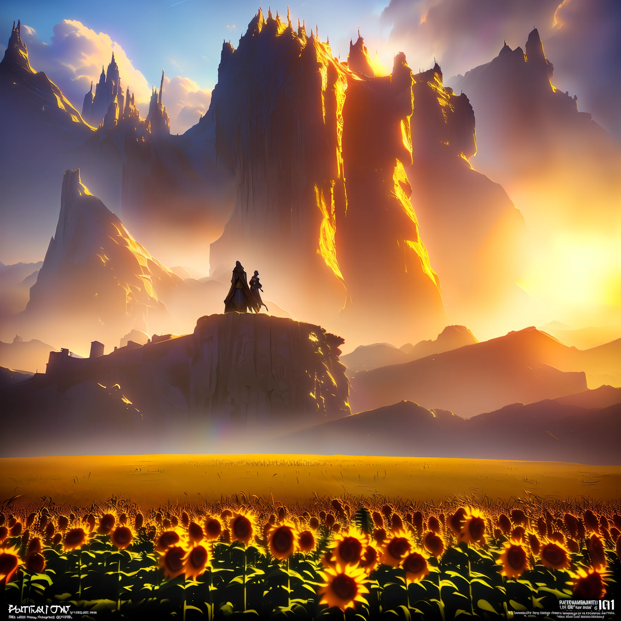 there are four pictures of a woman standing in a field of sunflowers, cinematic photograph concept art, cinematic cgsociety, fantasy style 8 k octane render, cgsociety inspired, fantasy matte painting,cute, cinematic shot epic portraits, stunning photo real concept art, 3 d render and matte painting, dawn cgsociety, elegant cinematic fantasy art, realistic fantasy render