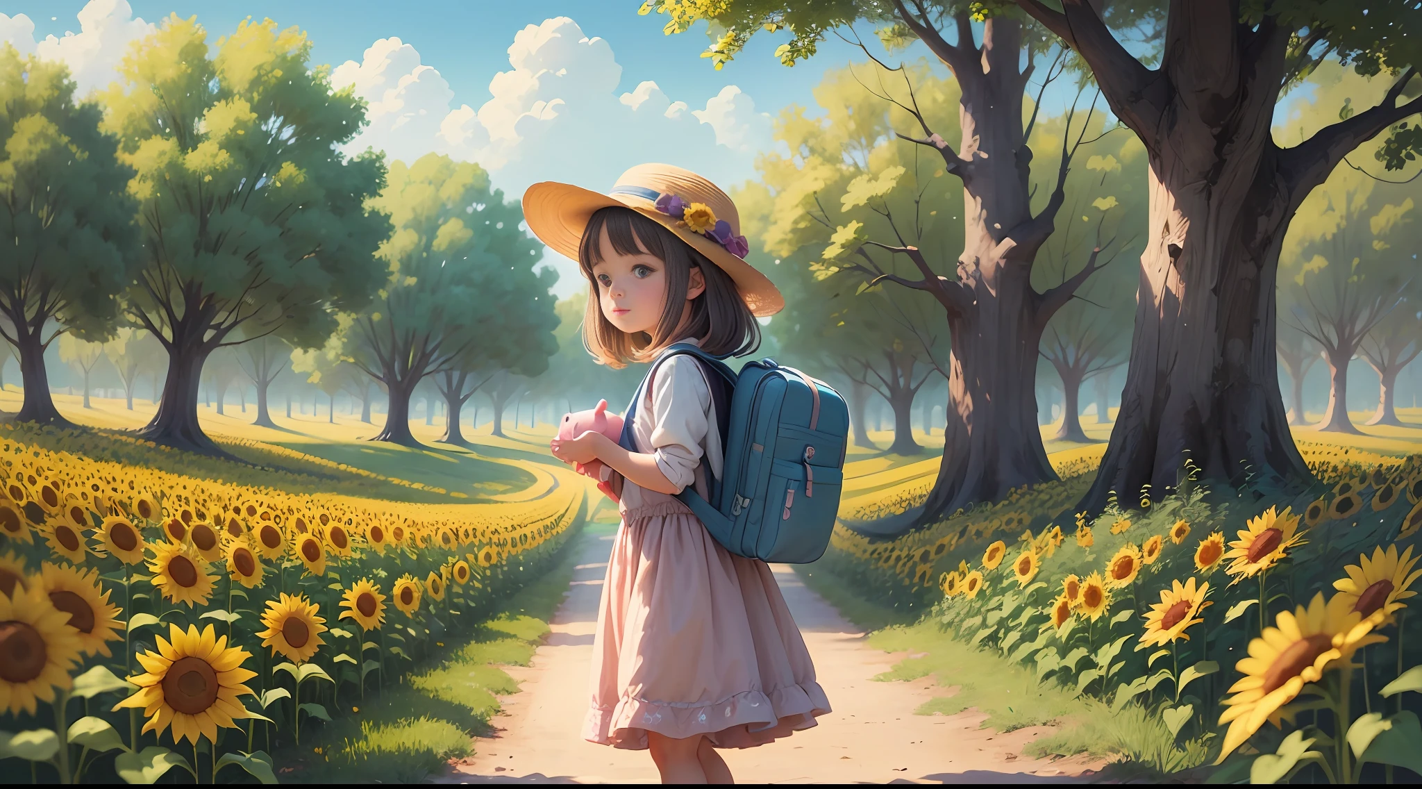 A charming girl carrying a backpack and carrying her cute little pig enjoys a lovely spring excursion surrounded by beautiful sunflower fields and nature. The illustration is a high-definition illustration in 4K resolution with highly detailed facial features and cartoon-style visuals. --auto --s2