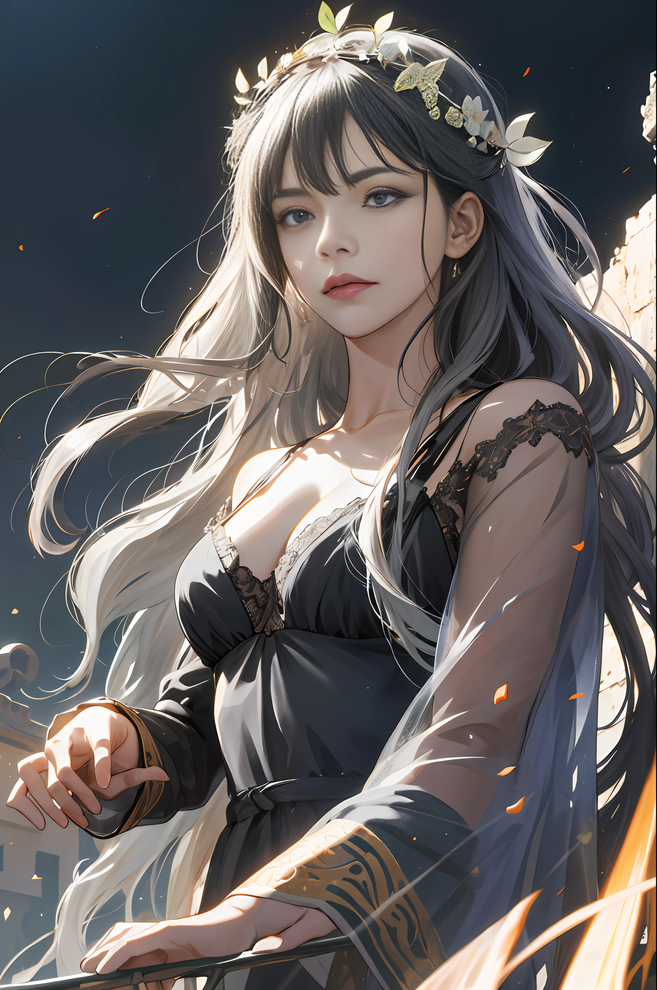 8k, masterpiece, highest quality, night, full moon, 1 girl, Chinese style, chinese architecture, mature woman, younger sister, silver white long haired woman, Chest clothes clipping、long hair, Light pink lip, Calm, Reasonable, bangs, gray pupil, assassin, fan, knife fan, Dance of petals, delicate face