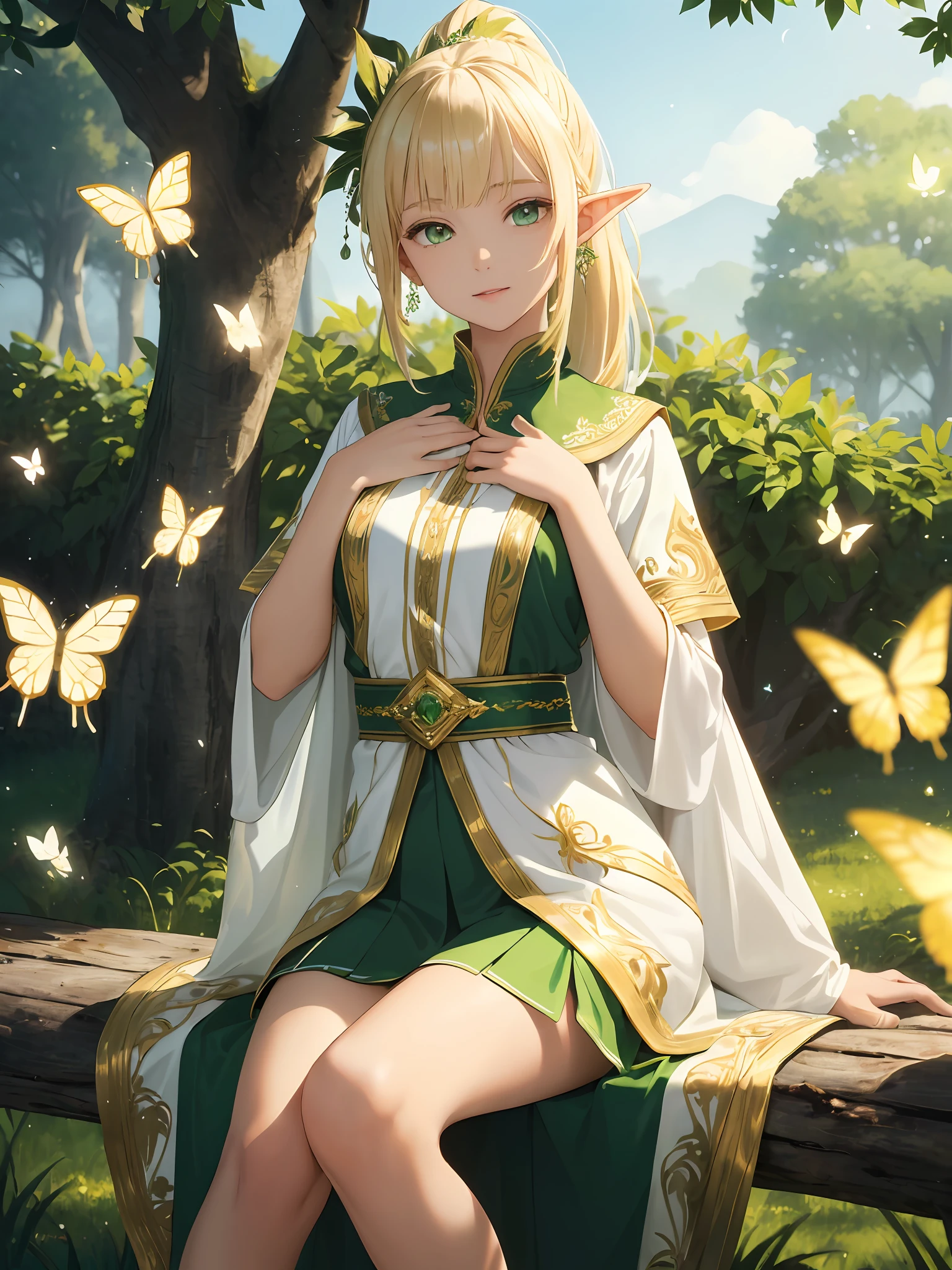 (((Masterpiece, highest quality, high definition, high detail)))), ((((Fantasy)))), one, (Elf woman)))), (short skirt of white embroidered with gold), (blonde long straight ponytail), (glossy dark green eyes), (green surcoat embroidered with gold), (green cape with golden embroidery), big, (sit on the root of a large tree)), (close eyes)), (( (put your hands on your chest))), ((sing)), tilt your head, (breeze), a lot of glowing butterflies flying, glowing notes flow through the air