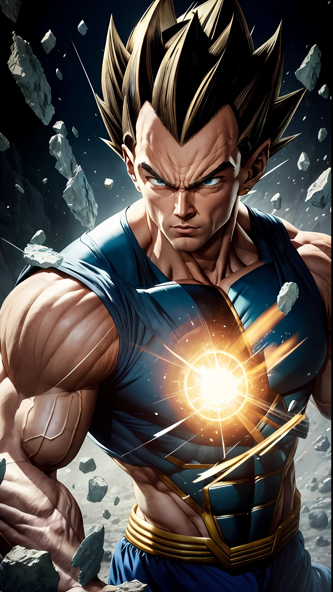 8k portrait of muscular vegeta, yellow hair, manga style blue eyes, big eyes,intricate, elegant, highly detailed,full body, majestic, digital photography, art by artgerm and ruan jia and greg rutkowski, black hair, beardless face, broken glass (masterpiece, side lighting, beautiful finely detailed eyes: 1.2), hdr,
