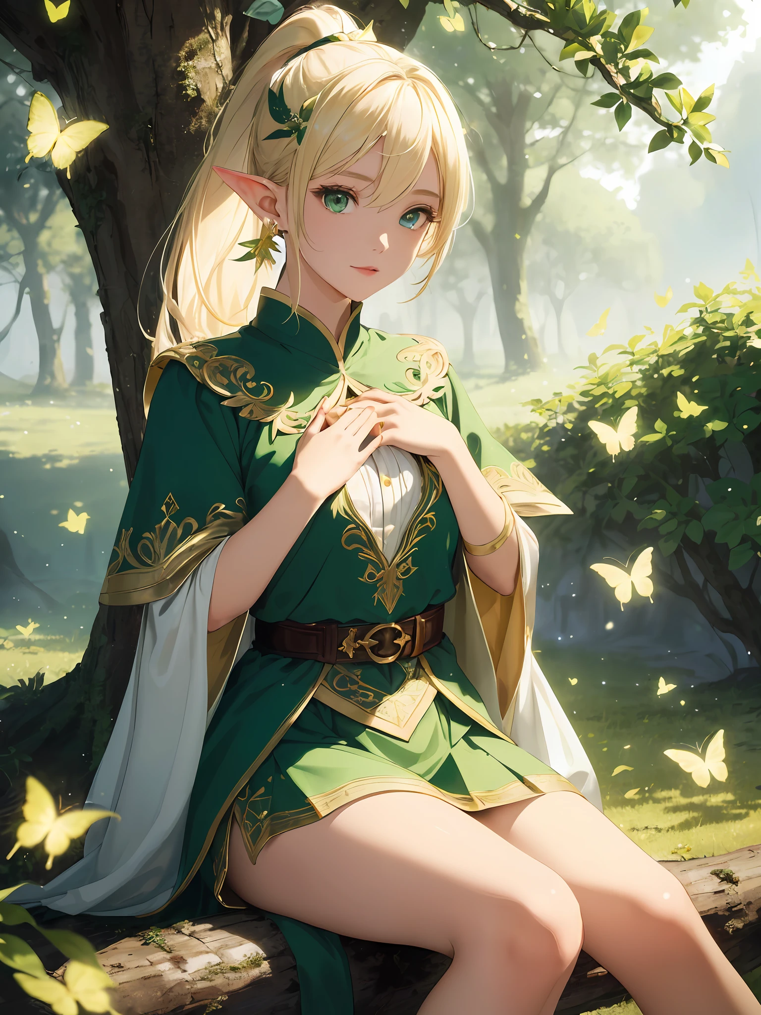 (((Masterpiece, highest quality, high definition, high detail)))), ((((Fantasy)))), one, (Elf woman)))), (short skirt of white embroidered with gold), (blonde long straight ponytail), (glossy dark green eyes), (green surcoat embroidered with gold), (green cape with golden embroidery), big, (sit on the root of a large tree)), (close eyes)), (( (put your hands on your chest))), ((sing)), tilt your head, (breeze), a lot of glowing butterflies flying, glowing notes flow through the air