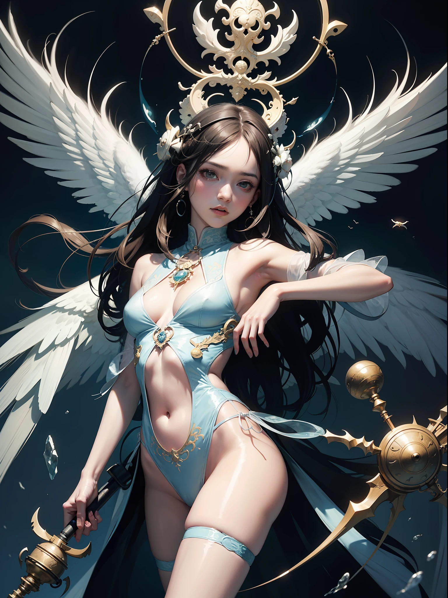 Official art, 8k unit wallpaper, ultra detailed, beautiful and aesthetic, masterpiece, best quality, (zentangle, mandala, tangle, tangle), (fractal art: 1.3), 1girl, extremely detailed, dynamic angle, cowboy shot, the most beautiful form of chaos, elegant, a brutalist design, vivid colors, romanticism, by James Jean, Roby Dwi Antono, Ross Tran, Francis Bacon, Michal Mraz,  Adrian Ghenie, Petra Cortright, Gerhard Richter, Takato Yamamoto, Ashley Wood, Atmospheric, Ecstasy of Musical Notes, Streaming Visible Musical Notes, An Angel with Wings on His Head