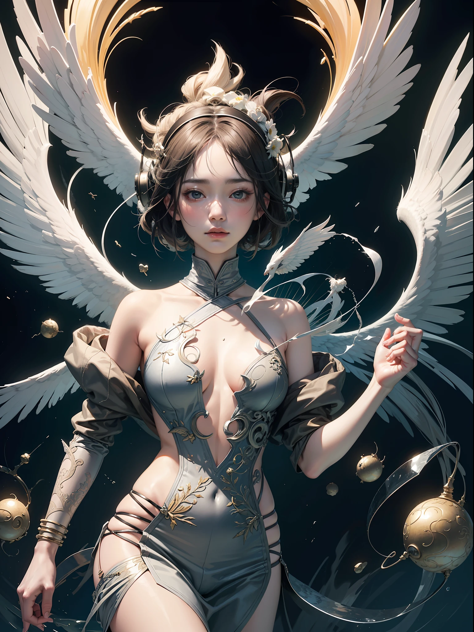Official art, 8k unit wallpaper, ultra detailed, beautiful and aesthetic, masterpiece, best quality, (zentangle, mandala, tangle, tangle), (fractal art: 1.3), 1girl, extremely detailed, dynamic angle, cowboy shot, the most beautiful form of chaos, elegant, a brutalist design, vivid colors, romanticism, by James Jean, Roby Dwi Antono, Ross Tran, Francis Bacon, Michal Mraz, Adrian Ghenie, Petra Cortright, Gerhard Richter, Takato Yamamoto, Ashley Wood, Atmospheric, Ecstasy of Musical Notes, Streaming Visible Musical Notes, An Angel with Wings on His Head