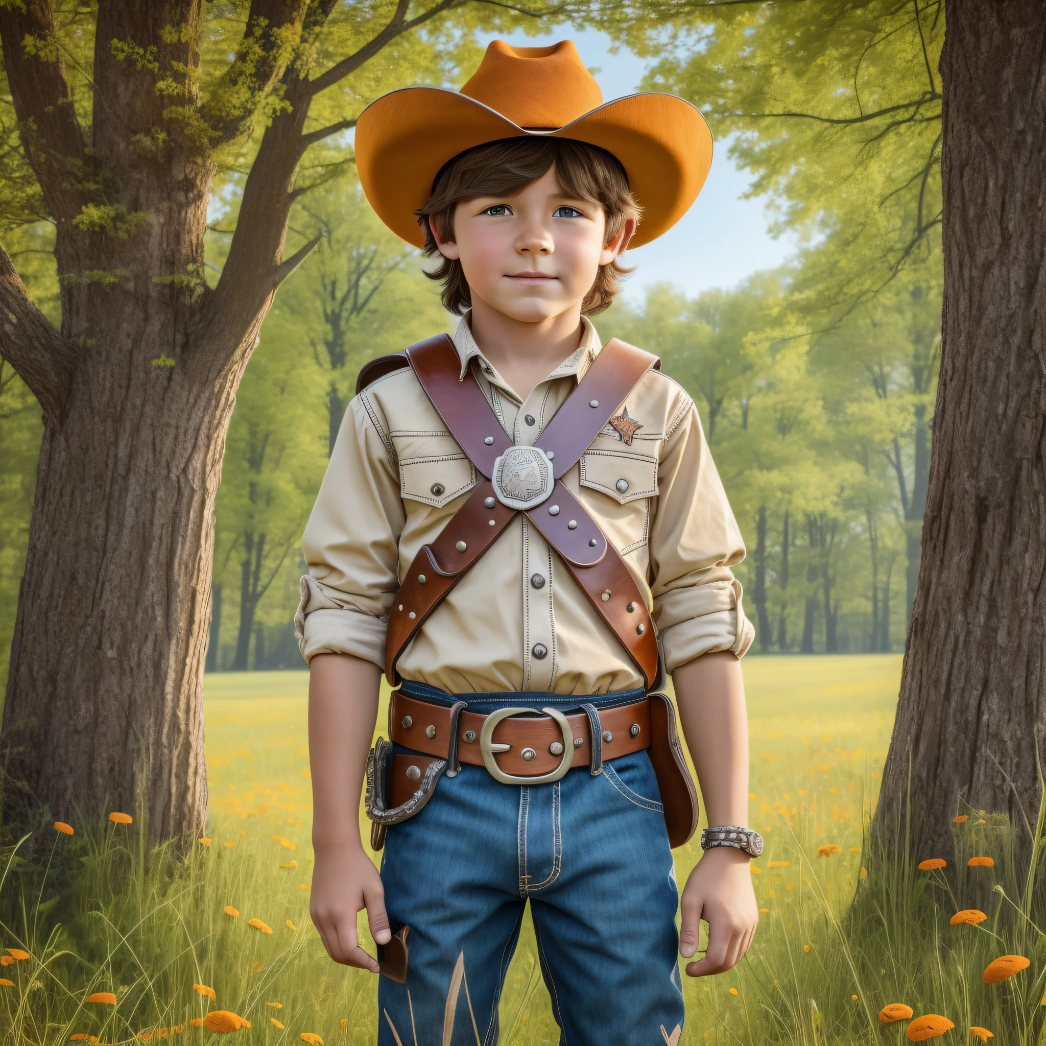 A young cowboy of 8 , with a belt of large buckles, hat, knife at the waist, orange furred dog and piggy, standing in a sunny meadow.