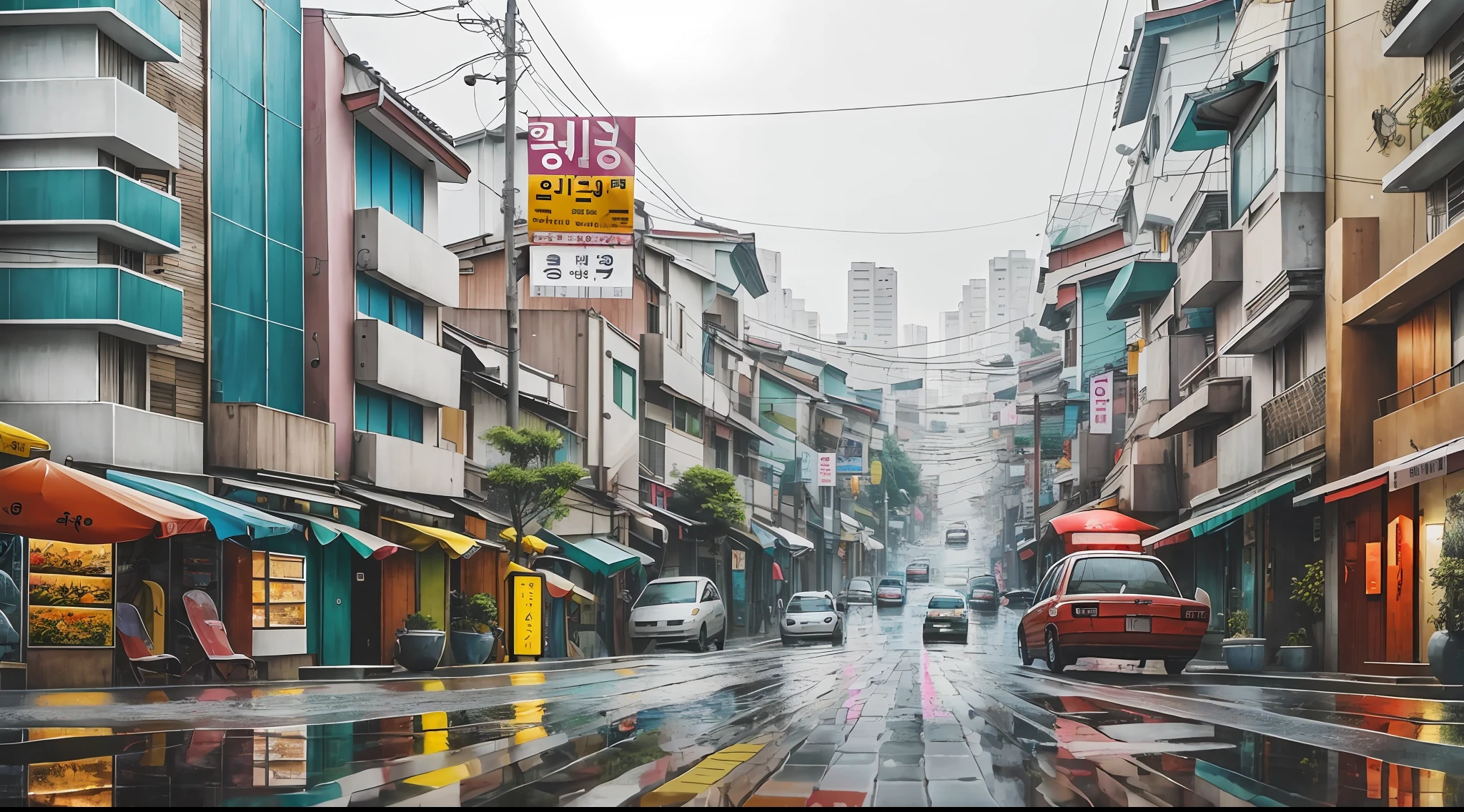 photorealism, high quality, realistic photography, modern street of South Korea, narrow modern streets, modern Korean houses, rainy weather. --auto --s2