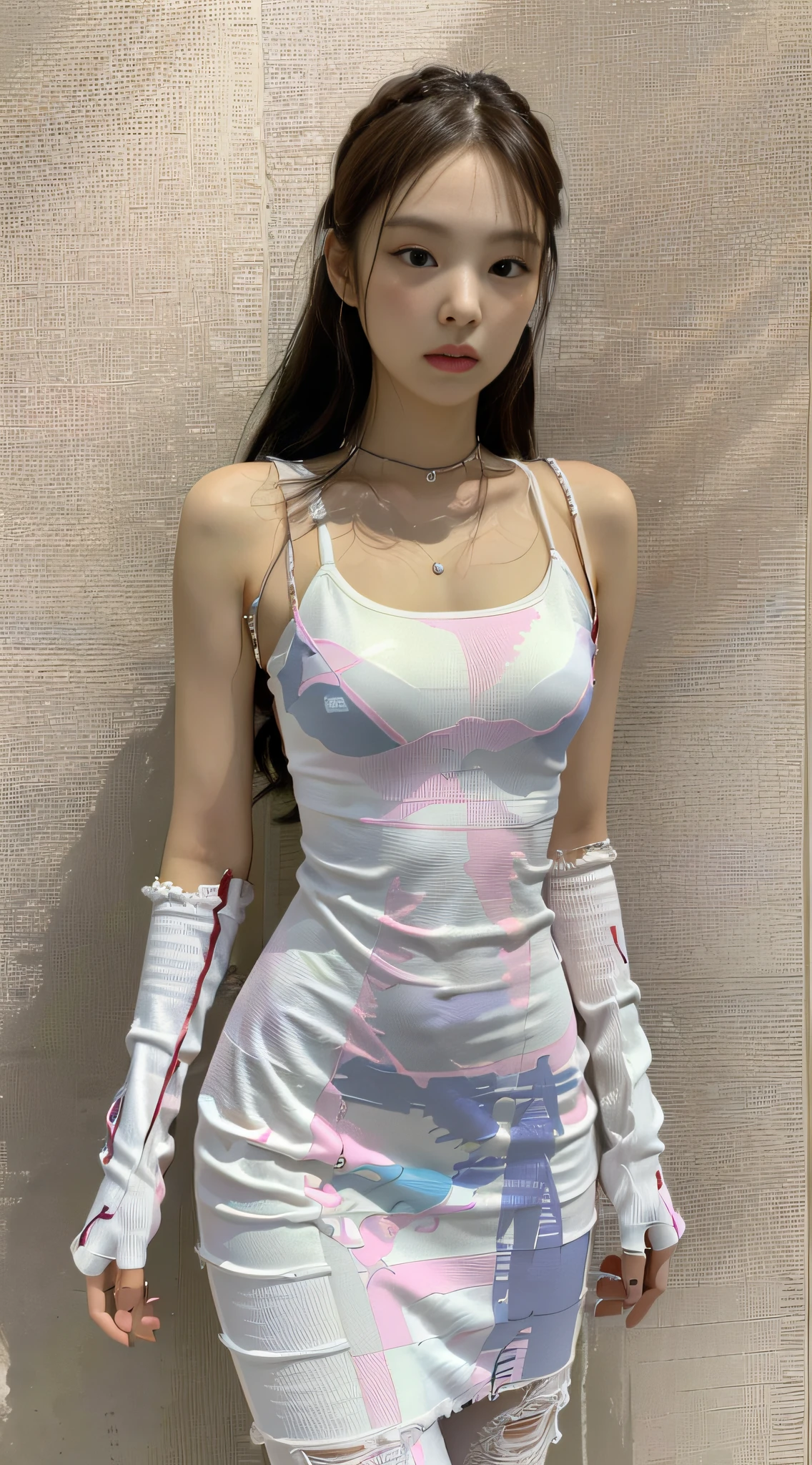 (1girl:1.3), Solo, __body-parts__, Kim Ji-ni Jennie Face, Korean style photo photo, photographic lighting, strong contrast, sunlight on face, world-weary face, high-end, cold eyes, feminine, cement gray background, 8k resolution image, intricate symmetrical details. The whole picture goes forward, mainly a woman standing all over her body, with smooth movements and a complete picture.