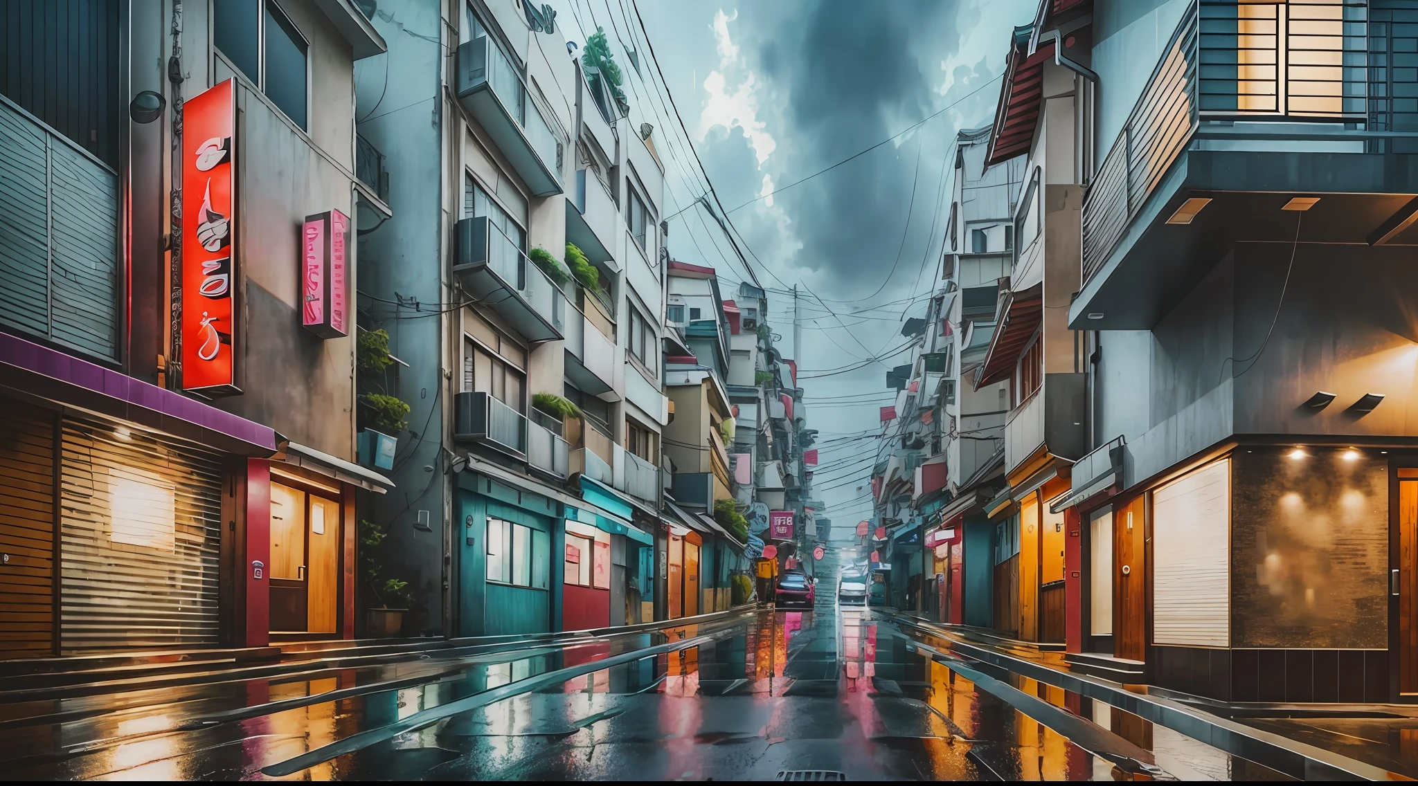 photorealism, high quality, realistic photography, modern street of South Korea, narrow modern streets, modern Korean houses, rainy weather. --auto --s2