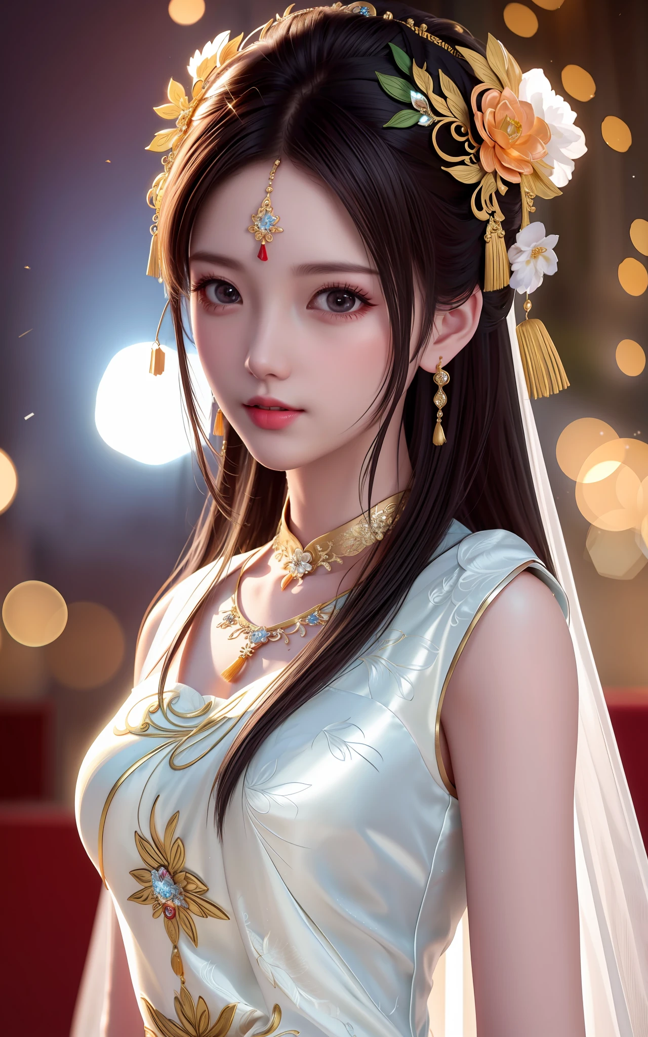 best quality, masterpiece, highres, 1girl,china wedding  dress,hair ornament,necklace, jewelry,Beautiful face,upon_body, tyndall effect,photorealistic, dark studio, rim lighting, two tone lighting,(high detailed skin:1.2), 8k uhd, dslr, soft lighting, high quality, volumetric lighting, candid, Photograph, high resolution, 4k, 8k, Bokeh