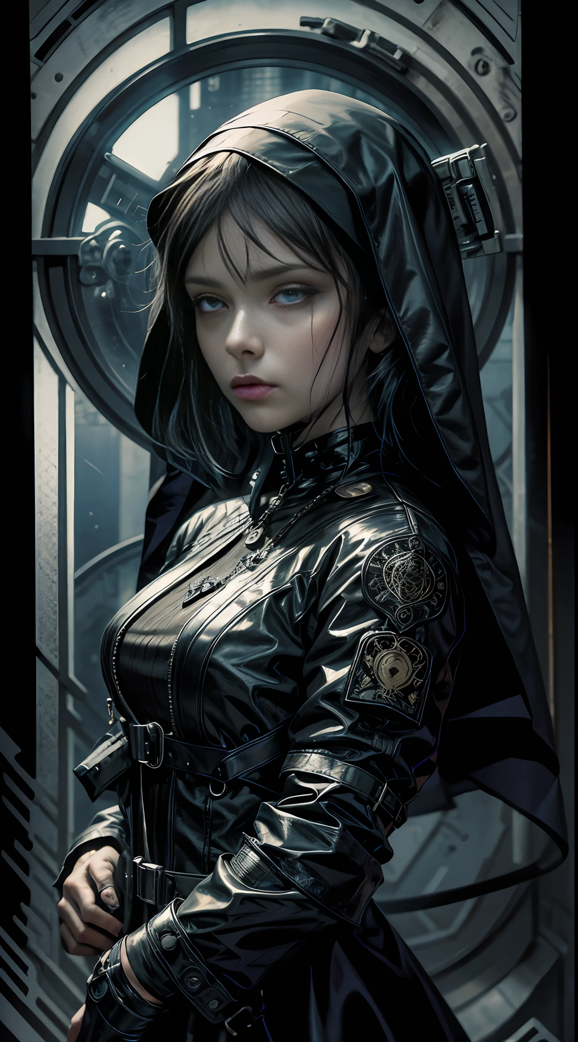 Cyber gothic Nun, laces, techwear jacket, tatical clothes, scared, baroque, hyper-realism, by Alfons Mucha, chiaroscuro, depth of field, cinematic lighting, Fujicolor, drop shadow, fisheye, Ultra-Wide Angle, 35mm, UHD, retina, masterpiece, high details, award-winning, 16k