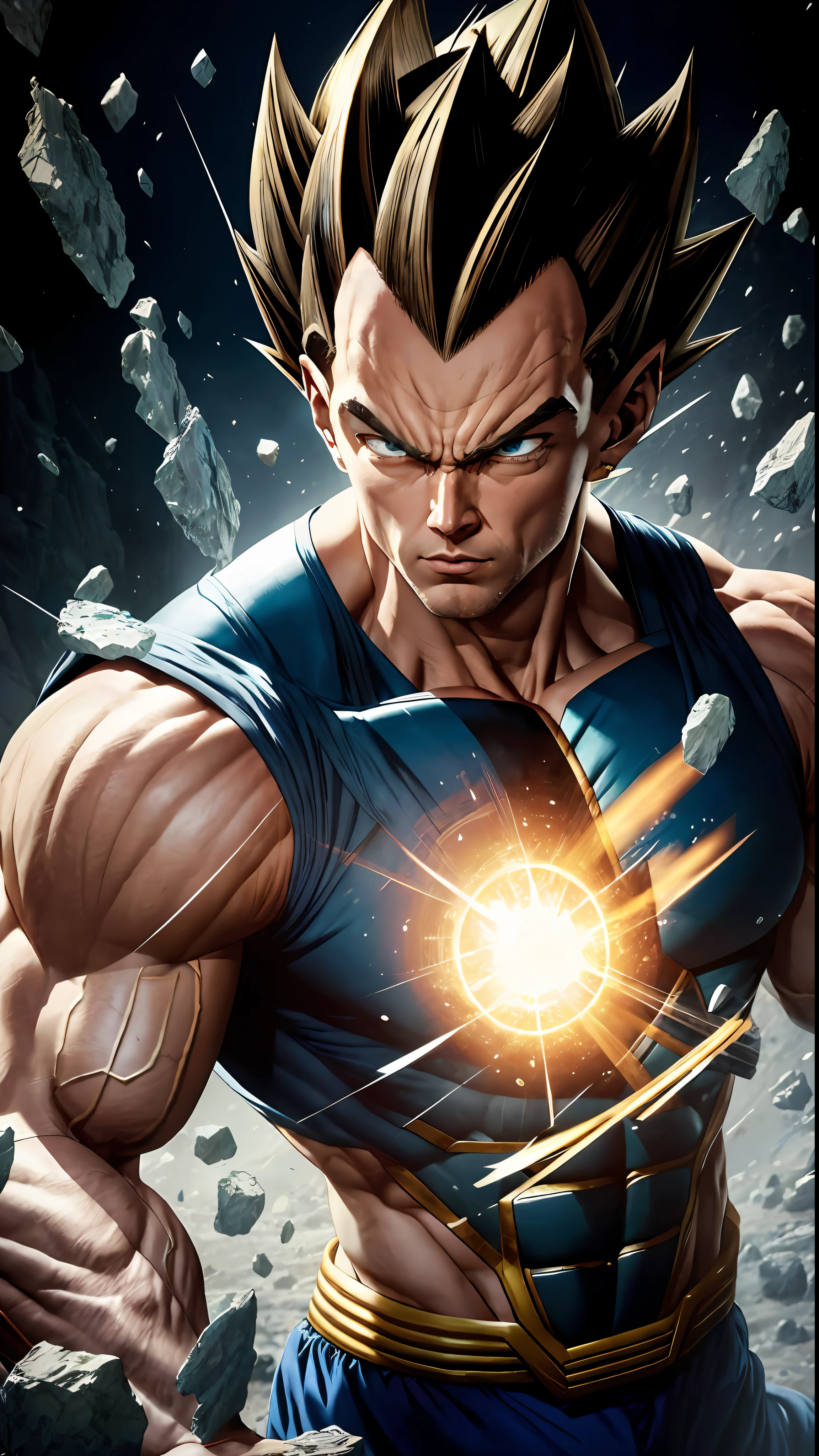 8k portrait of muscular vegeta, yellow hair, manga style blue eyes, big eyes,intricate, elegant, highly detailed,full body, majestic, digital photography, art by artgerm and ruan jia and greg rutkowski, black hair, beardless face, broken glass (masterpiece, side lighting, beautiful finely detailed eyes: 1.2), hdr,