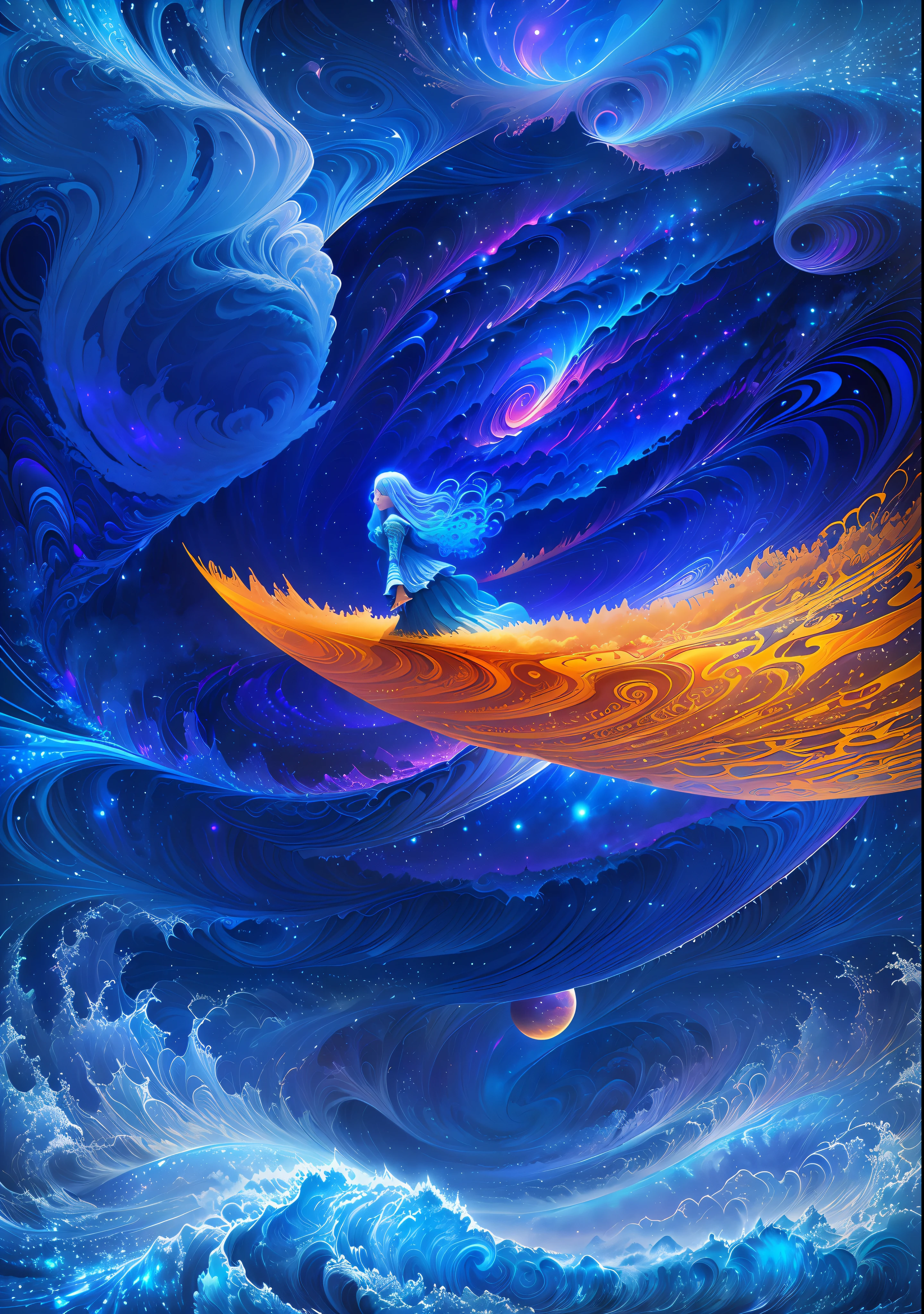 A girl stands on a moon-shaped object in the sky, dreams of an electric sheep, vague and dreamy illustration, calm night. Digital illustration, blurry and dreamlike illustration, Amédée Ozenfant, fantastic illustration in astral plane )), color plane surreal and ethereal, in the realm of the universe, in surreal dreamscapes, light and shadow, waves, multi-layered, foreground, vista, fractal thunder Dan Mumford, Dan Mumford and Alex gray style, psychedelic surrealist art, surrealist psychedelic design, fantasy art style, illusion psychedelic art, infinite psychedelic waves, inspired by Cyril Rolando ( Cyril Rolando), authentic ripple structure, psychedelic art style, psychedelic art, psychedelic illustration - V6