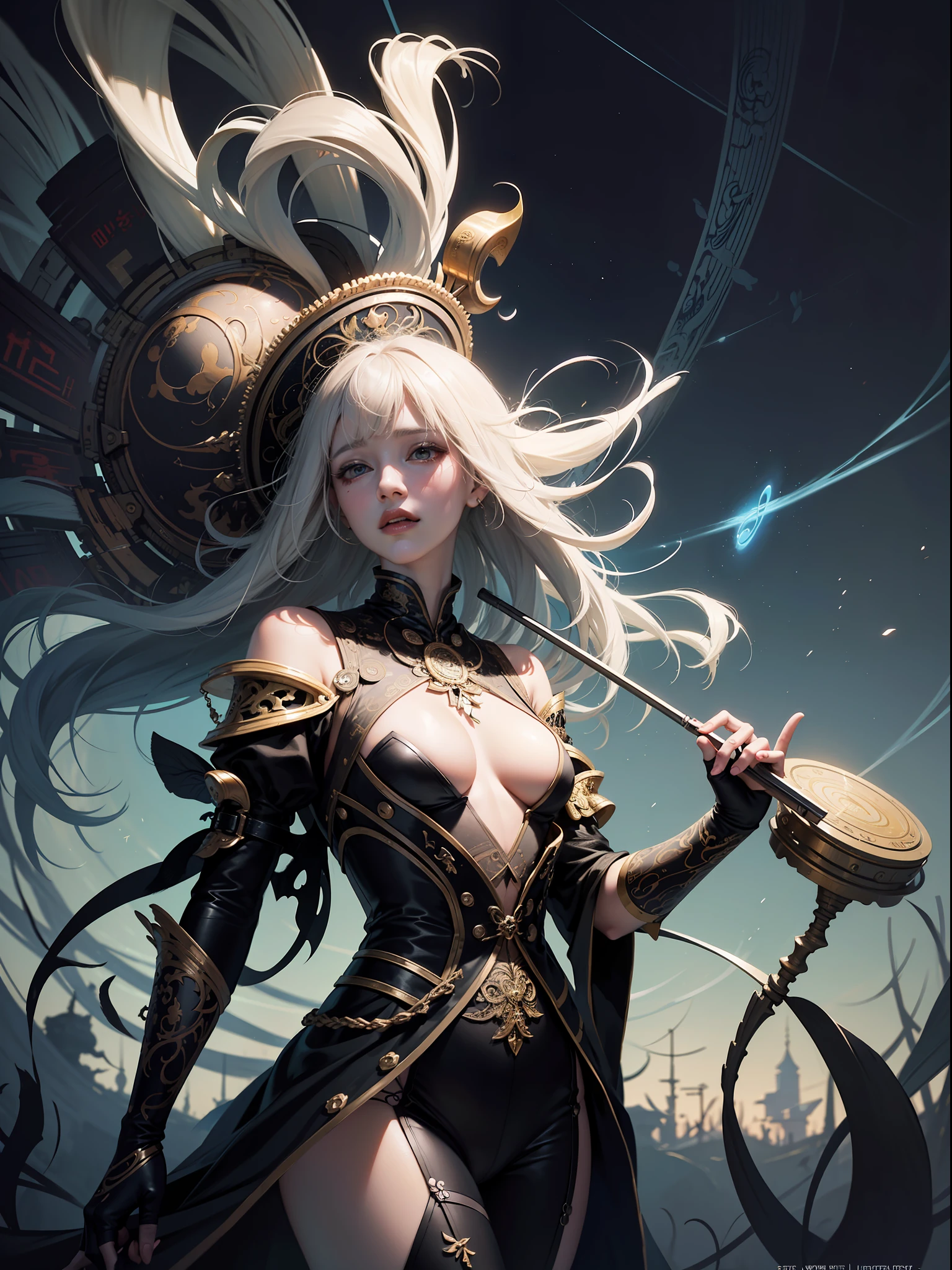 Official art, 8k unit wallpaper, ultra detailed, beautiful and aesthetic, masterpiece, best quality, (zentangle, mandala, tangled, tangled), (fractal art: 1.3), 1girl, black skin, extremely detailed, dynamic angle, cowboy shot, the most beautiful form of chaos, elegant, a brutalist design, vivid colors, romanticism, by James Jean, Roby Dwi Antono, Ross Tran, Francis Bacon, Michal Mraz, Adrian Ghenie, Petra Cortright, Gerhard Richter, Takato Yamamoto, Ashley Wood, Atmospheric, Ecstasy of Musical Notes, Streaming Visible Musical Notes