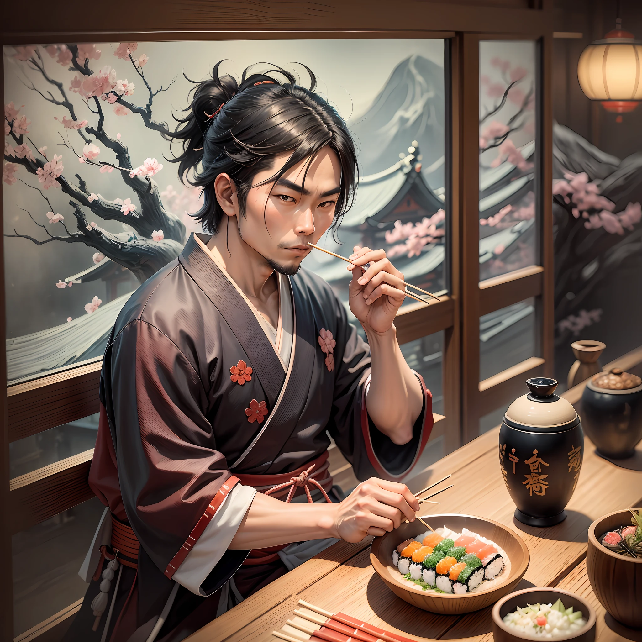 The samurai sitting in front of a table, with a hashi (toothpick) in his hand, about to grab a sushi. In the painting, we can also include some traditional Japanese elements, such as cherry blossoms, a temple or a dragon in the background. --auto --s2
