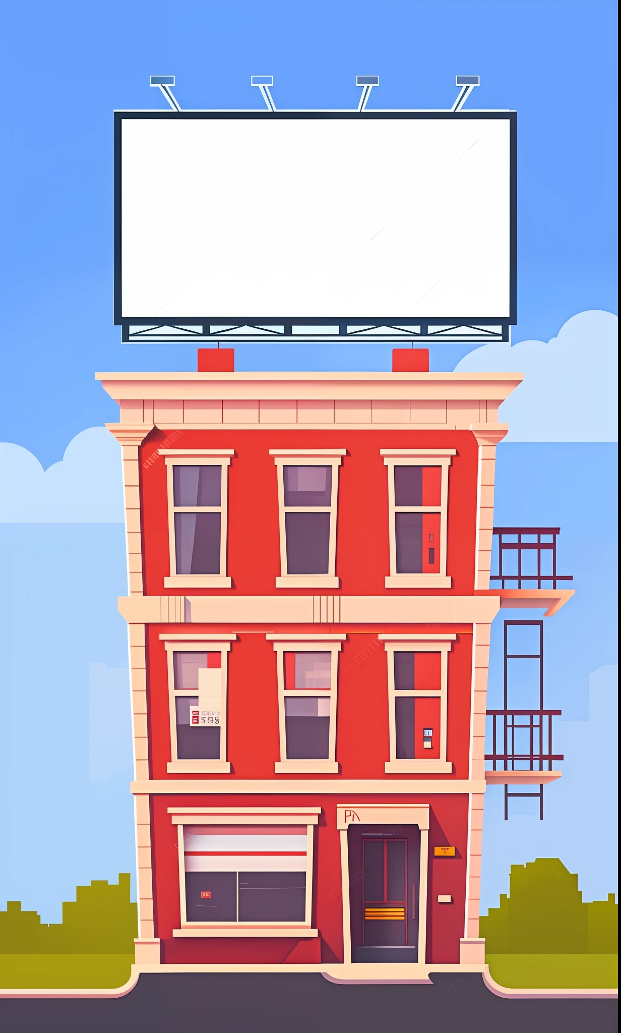 a red building with a billboard on the top of it, flat illustration, stylized digital illustration, building facing, realistic building, stock illustration, single building, high quality illustration, commercial billboard, vector illustration, artwork of a building, brick building, detailed 2d illustration, city street view background, big poor building, random background scene, commercial illustration, highly detailed illustration