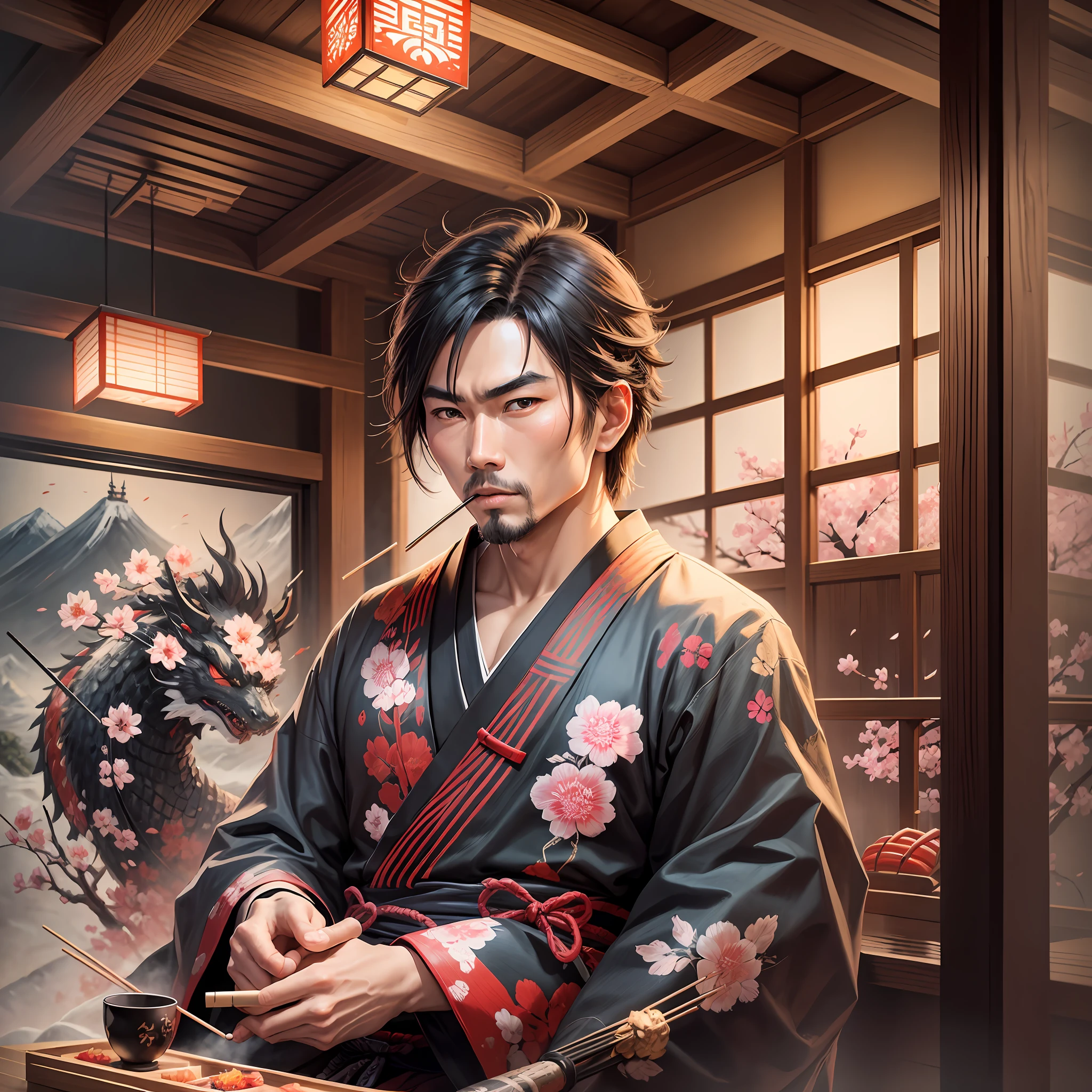 The samurai sitting in front of a table, with a hashi (toothpick) in his hand, about to grab a sushi. In the painting, we can also include some traditional Japanese elements, such as cherry blossoms, a temple or a dragon in the background. --auto --s2