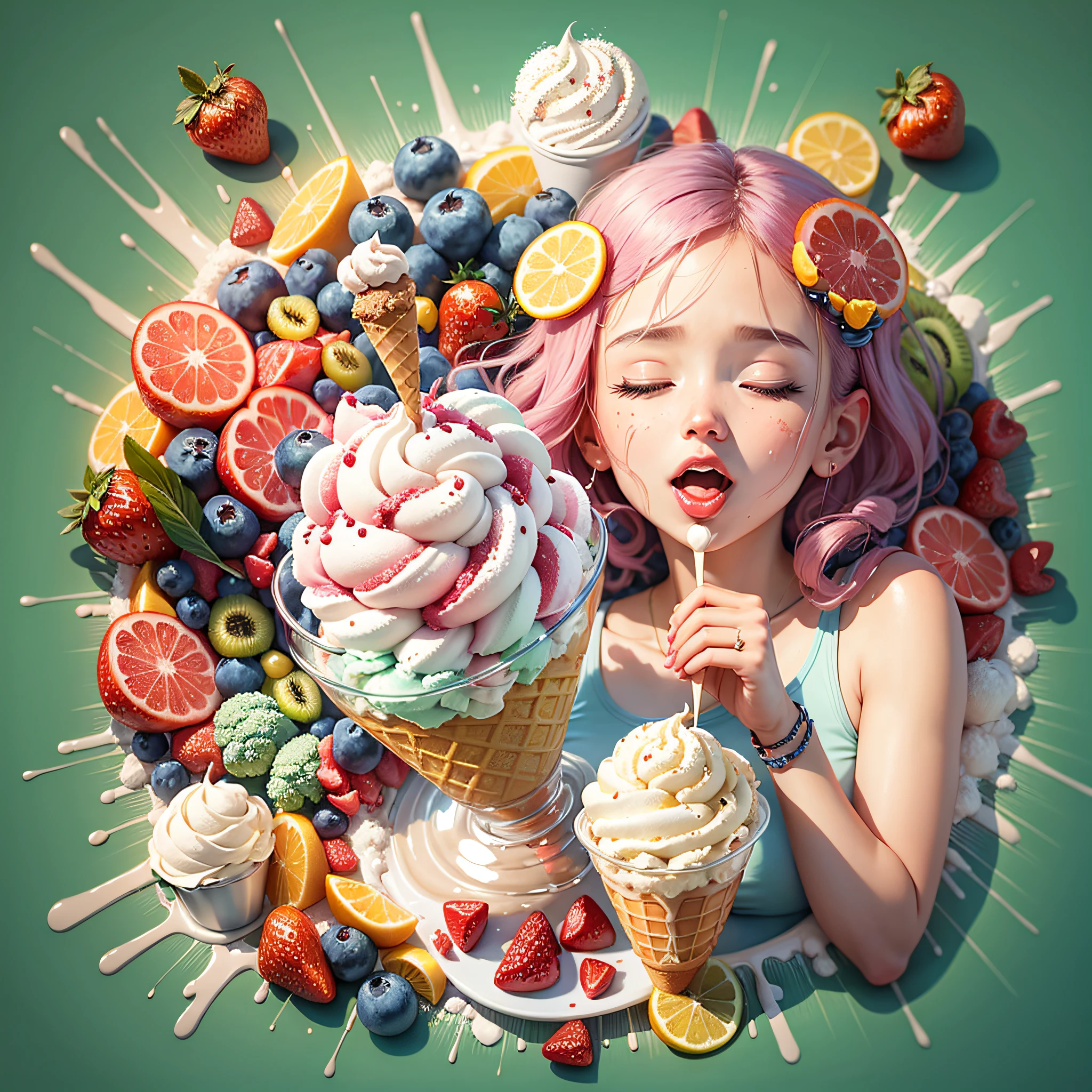 ice cream illustration with fruits and splashes --auto --s2