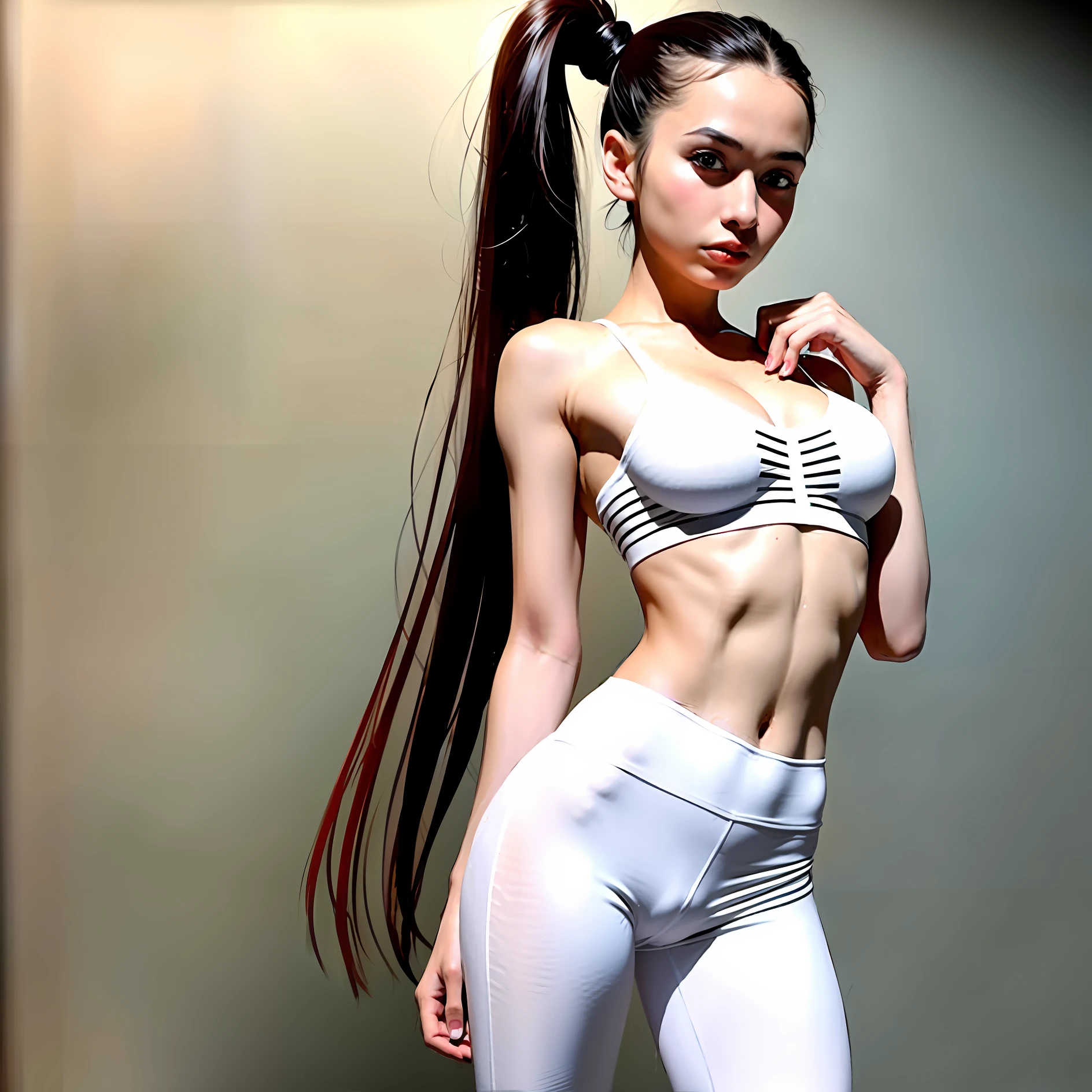 Girl posing for photo in printed bra and white leggings, ball hair, high ponytail, full body portrait, cropped t-shirt, bra and streetwear, slim figure, smaller bust, slim girl model, 24 year old female model, white high heels, standing pose,