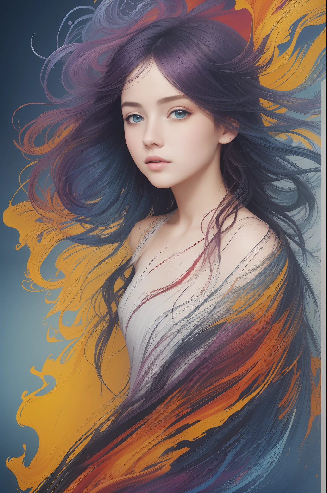 Colorful beautiful girl: a giru 8-, messy hair, oil painting, nice perfect face with soft skinice perfect face, blue yellow colors, light purple and violet additions, light red additions, intricate detail, splash screen, 8k resolution, masterpiece, cute face,artstation digital painting smooth veryBlack ink flow: 8k resolution photorealistic masterpiece: intricately detailed fluid gouache painting: by Jean Baptiste Mongue: calligraphy: acrylic: watercolor art, professional photography, natural lighting, volumetric lighting maximalist photoillustration: by marton bobzert:, complex, elegant, expansive, fantastical,  wavy hair, vibrant