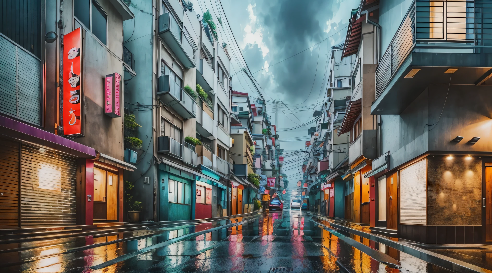 photorealism, high quality, realistic photography, modern street of South Korea, narrow modern streets, modern Korean houses, rainy weather. --auto --s2