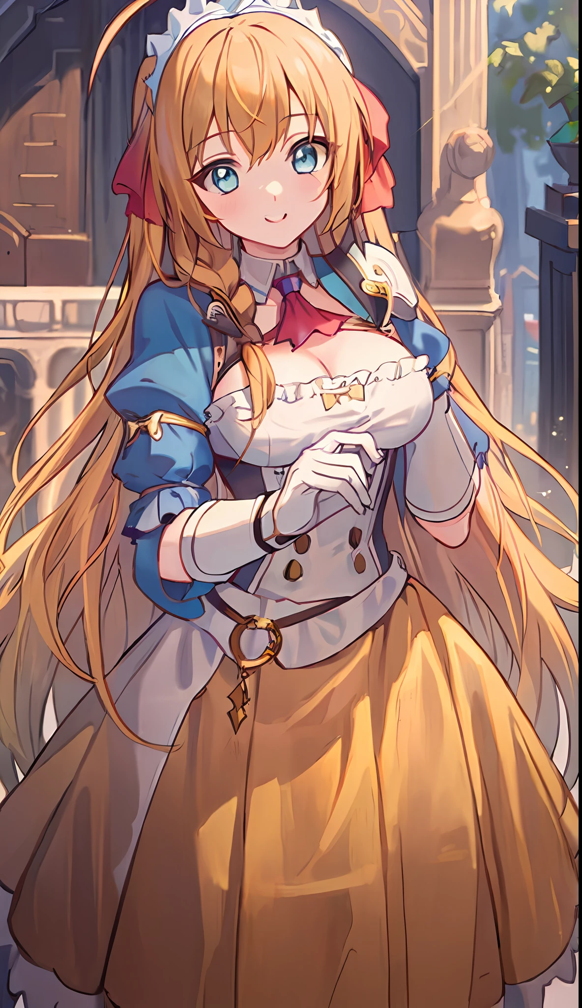 (((Masterpiece)))), (((Best Quality)))), ((Very detailed))), Precise fingers, Illustration, Ahoge on the top of the head, 1 girl, Solo, Golden Long Hair, Pecorine,